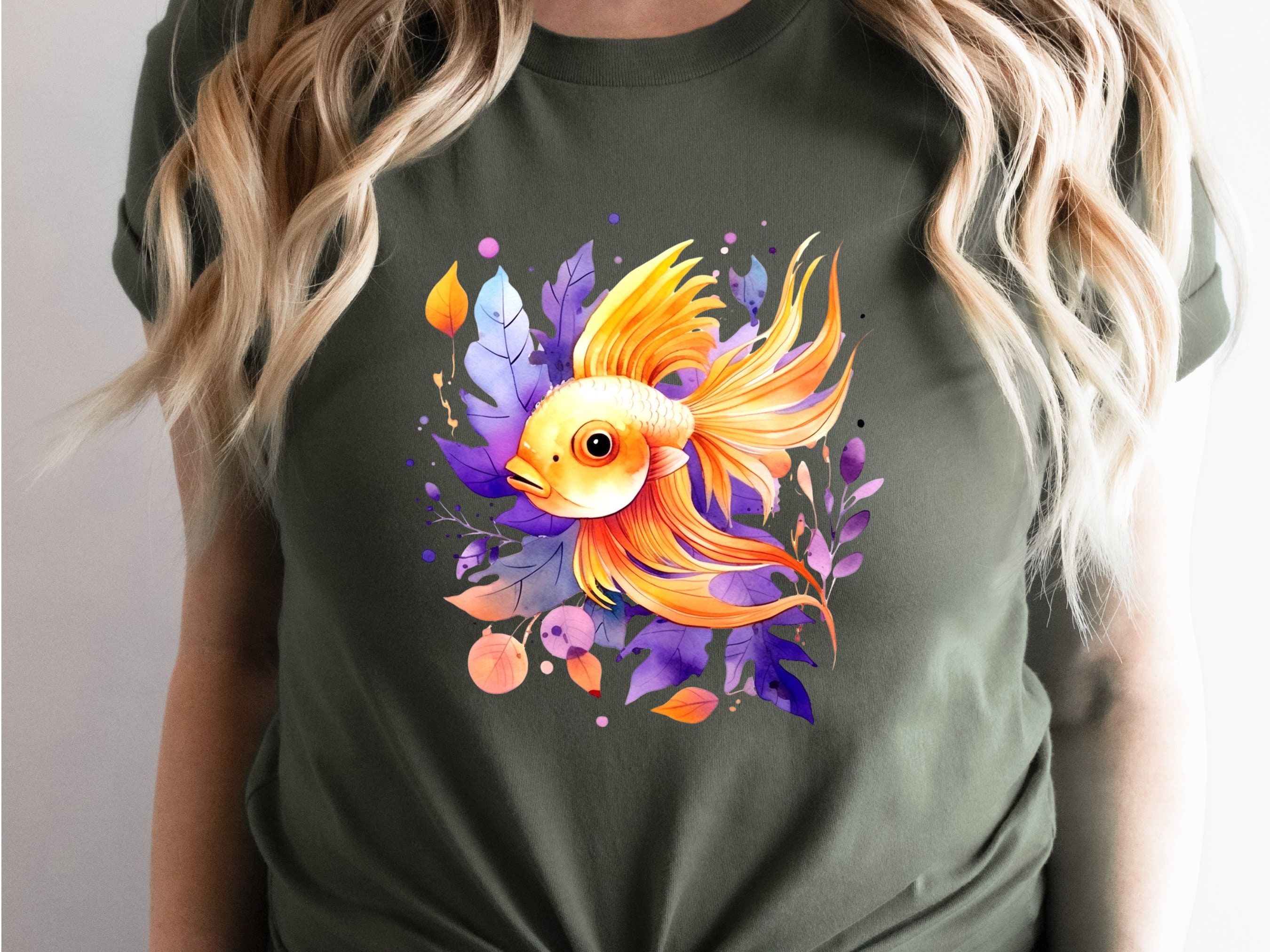 Goldfish Shirt Vibrant Fan Tail Fish Keepers Tee Design Purple Leafy Fishing Lovers Gift for Her Swimmers Top Divers T-shirt Organic Cotton - View 4