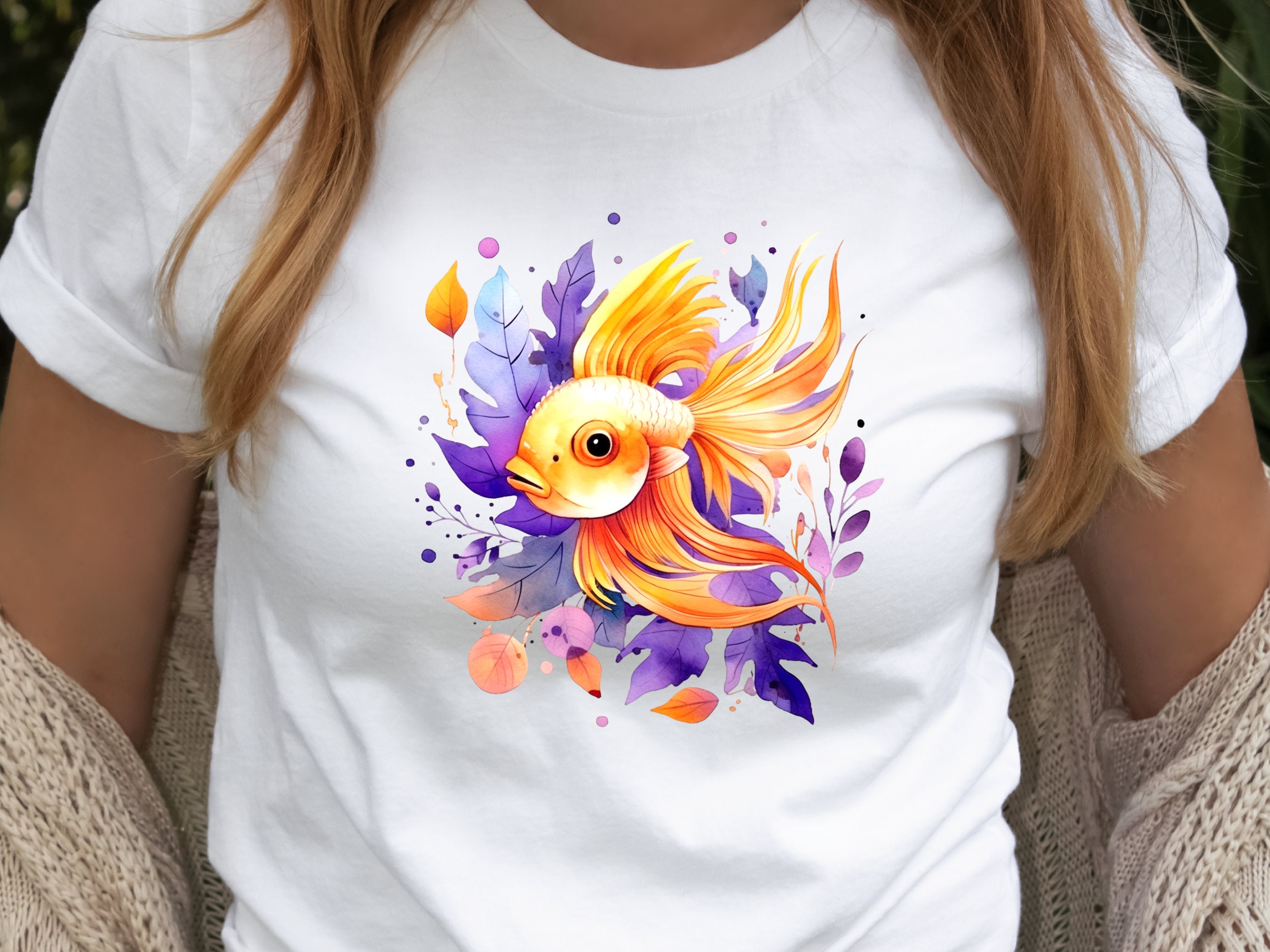 Goldfish Shirt Vibrant Fan Tail Fish Keepers Tee Design Purple Leafy Fishing Lovers Gift for Her Swimmers Top Divers T-shirt Organic Cotton - View 5