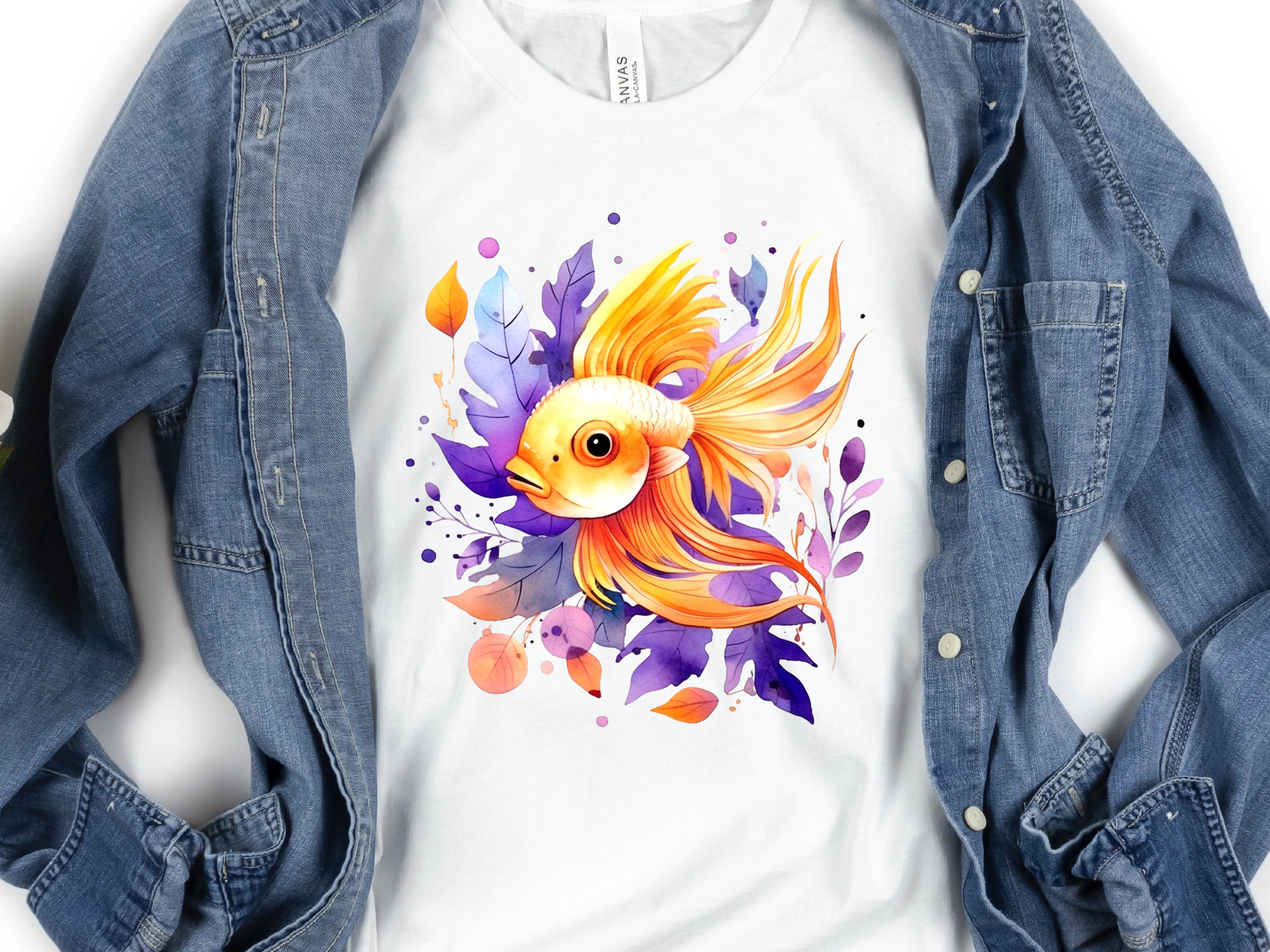 Goldfish Shirt Vibrant Fan Tail Fish Keepers Tee Design Purple Leafy Fishing Lovers Gift for Her Swimmers Top Divers T-shirt Organic Cotton - View 6