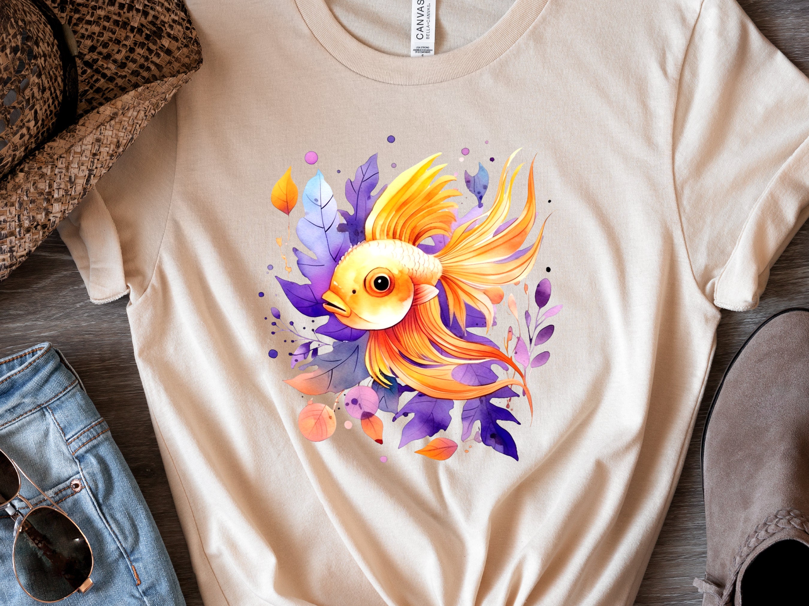 Goldfish Shirt Vibrant Fan Tail Fish Keepers Tee Design Purple Leafy Fishing Lovers Gift for Her Swimmers Top Divers T-shirt Organic Cotton - View 7