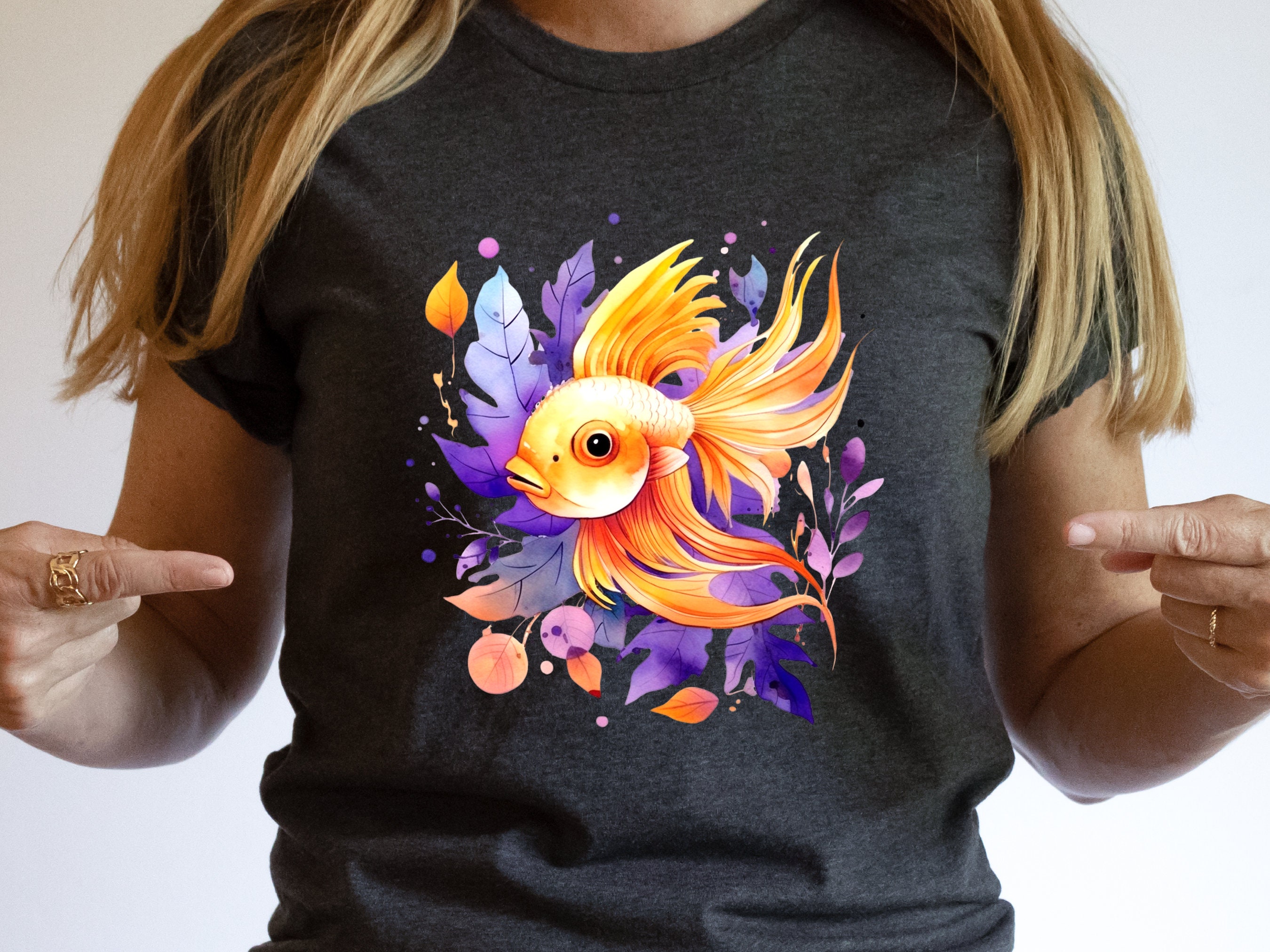 Goldfish Shirt Vibrant Fan Tail Fish Keepers Tee Design Purple Leafy Fishing Lovers Gift for Her Swimmers Top Divers T-shirt Organic Cotton - View 8