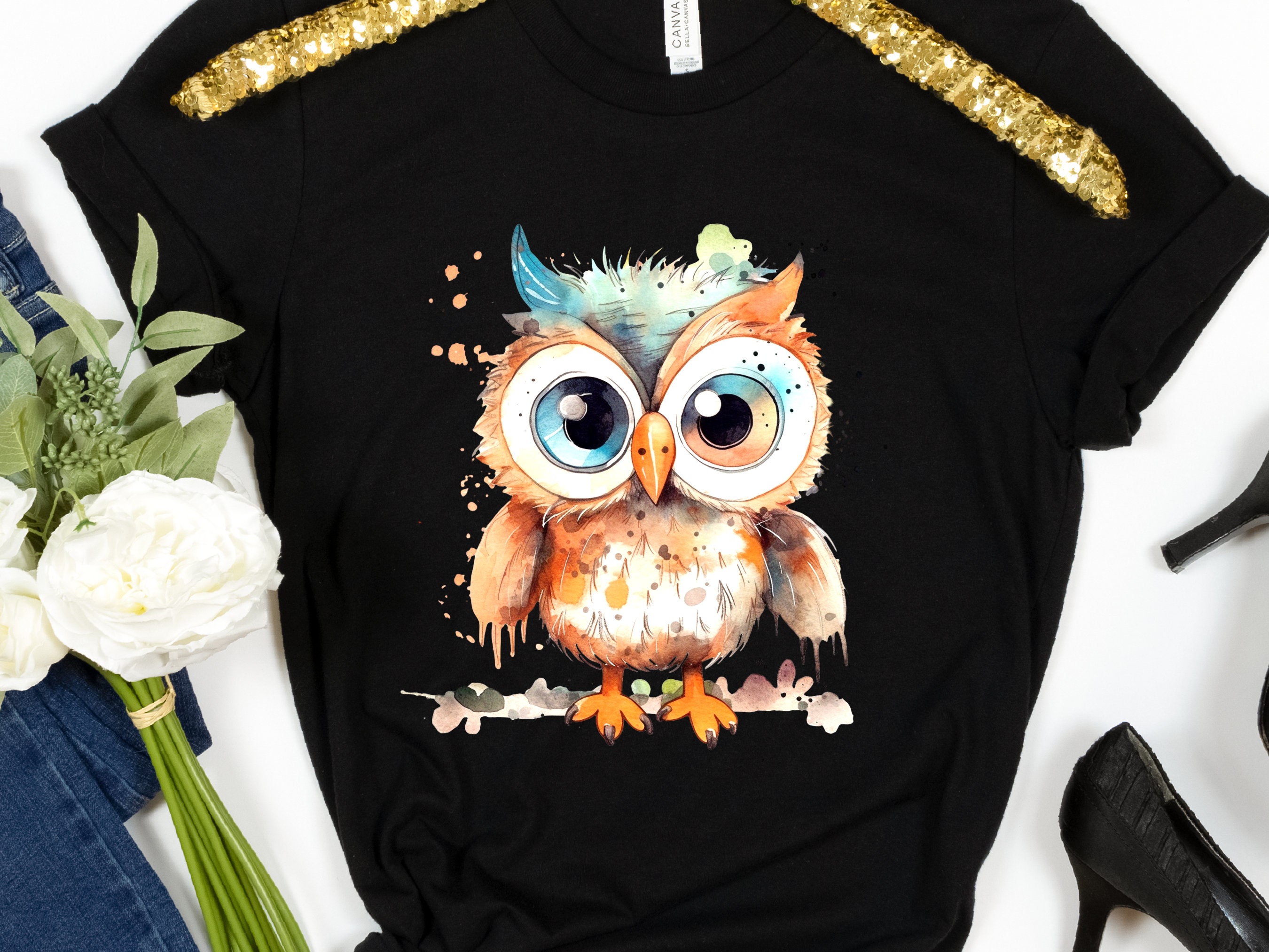 Fluffy Owl Shirt Cute Boho Watercolour Grunge Owl Tee Teal Orange T-Shirt Owl Lovers Gift for Bird Watching Teacher Friend Funny Ornithology