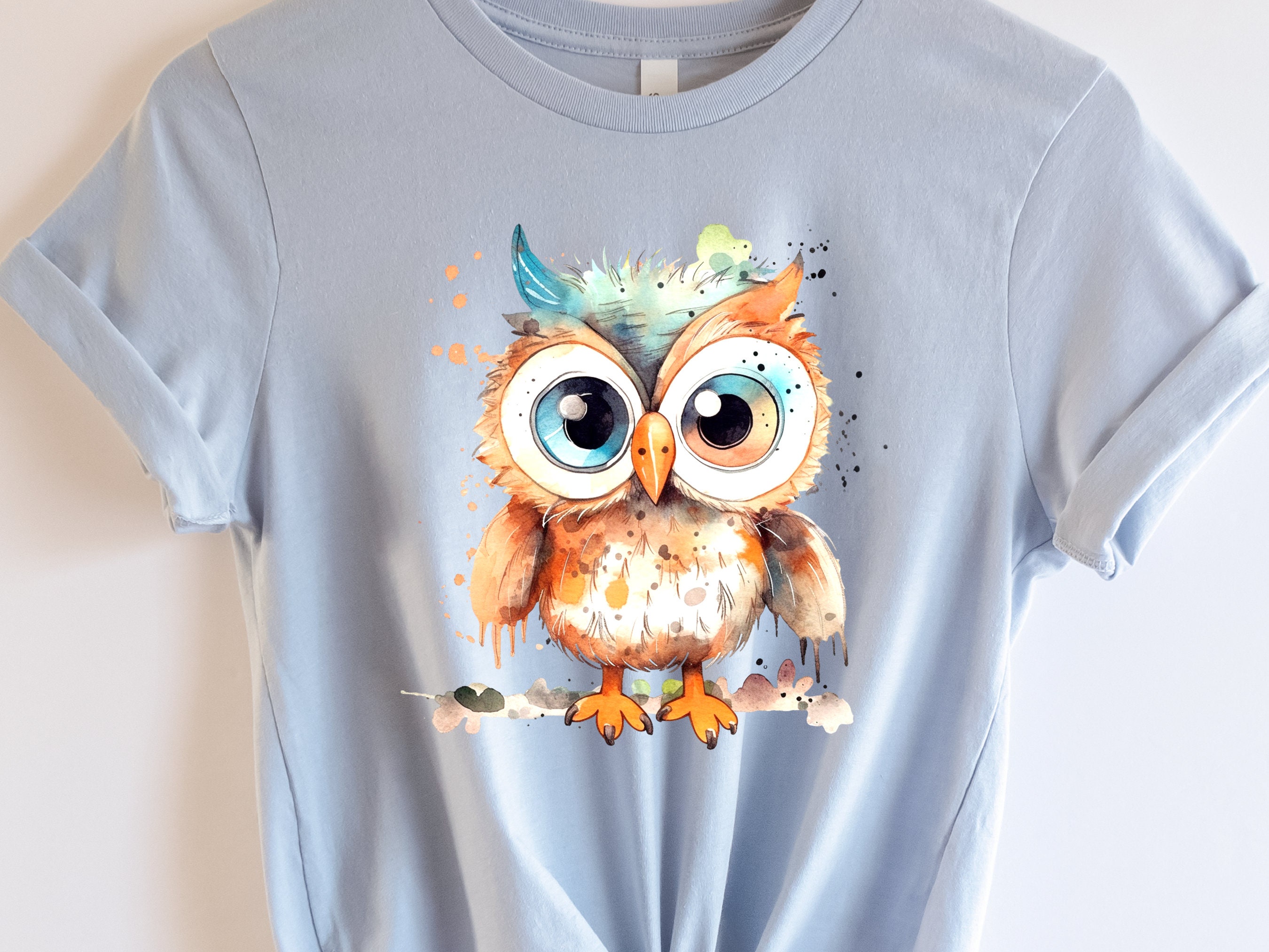 Fluffy Owl Shirt Cute Boho Watercolour Grunge Owl Tee Teal Orange T-Shirt Owl Lovers Gift for Bird Watching Teacher Friend Funny Ornithology - View 2