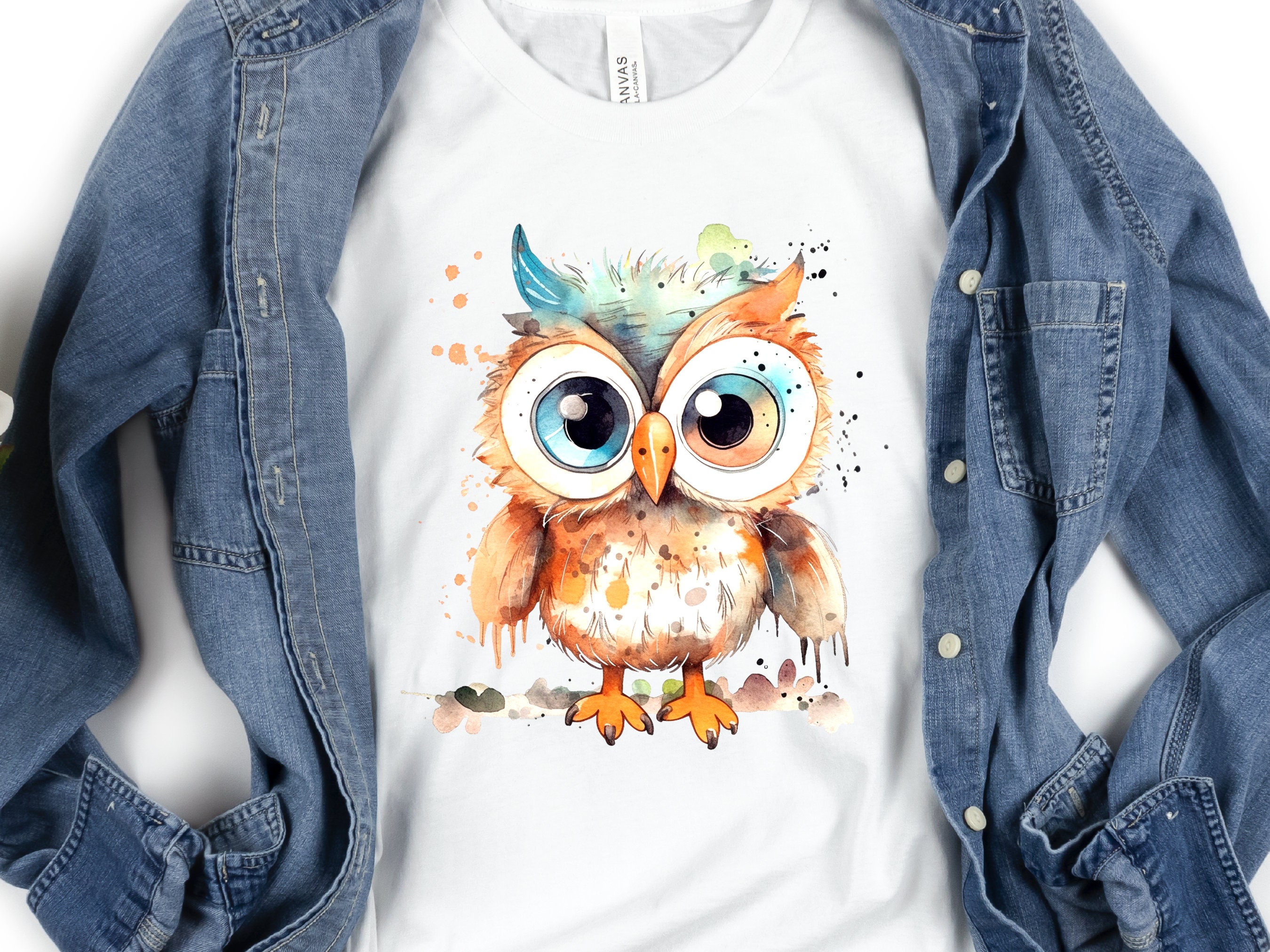 Fluffy Owl Shirt Cute Boho Watercolour Grunge Owl Tee Teal Orange T-Shirt Owl Lovers Gift for Bird Watching Teacher Friend Funny Ornithology - View 3