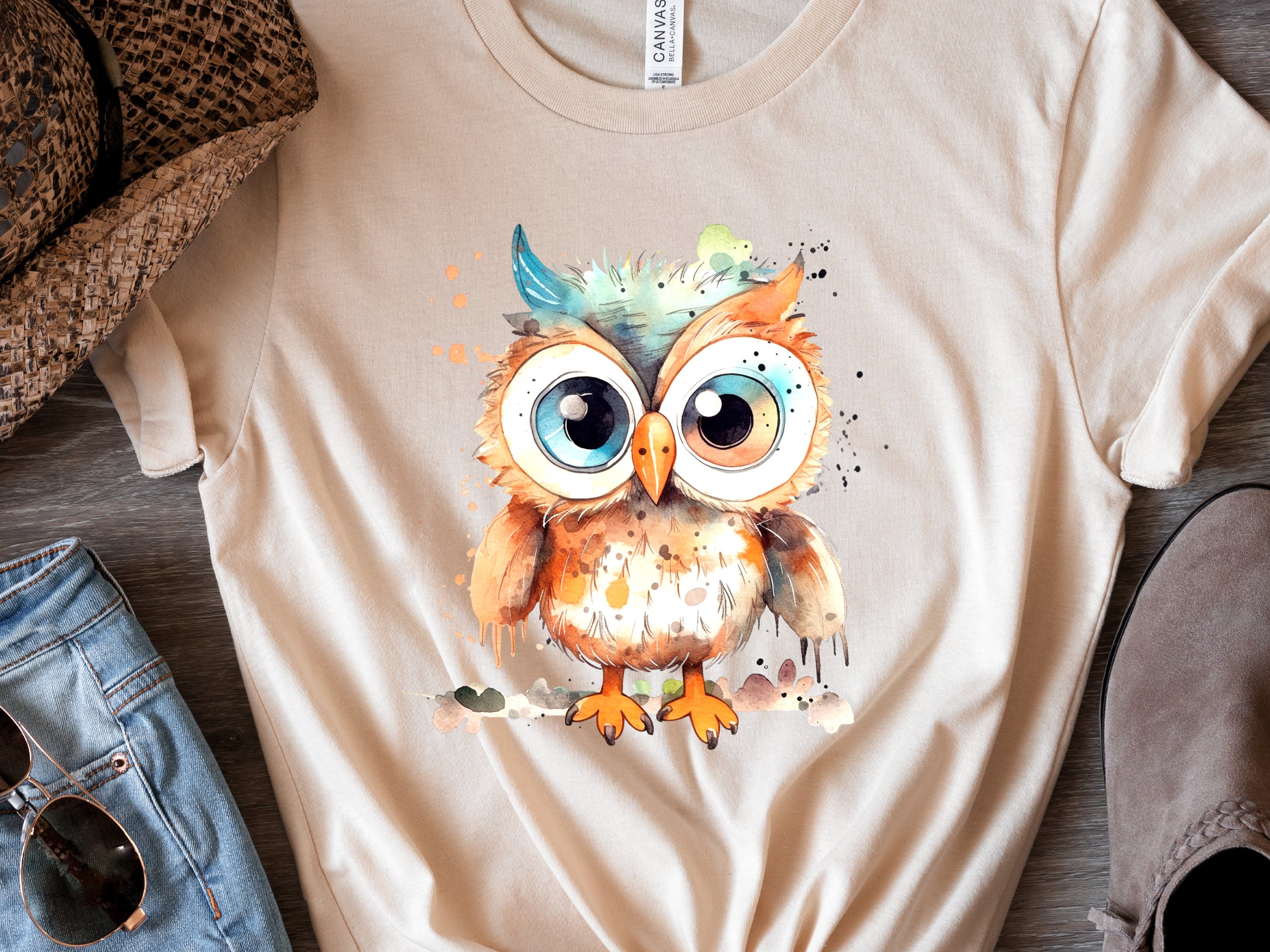 Fluffy Owl Shirt Cute Boho Watercolour Grunge Owl Tee Teal Orange T-Shirt Owl Lovers Gift for Bird Watching Teacher Friend Funny Ornithology - View 4