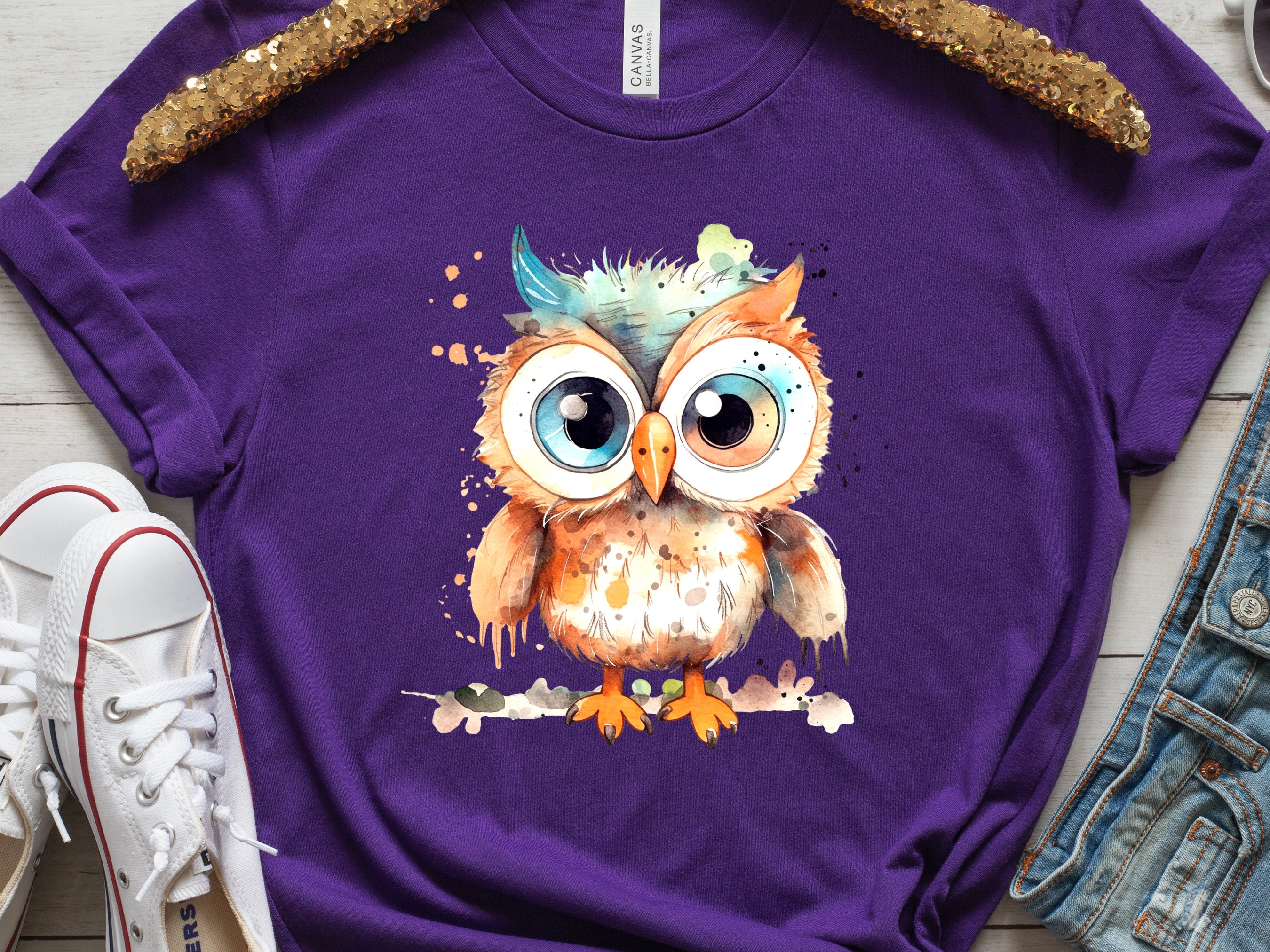 Fluffy Owl Shirt Cute Boho Watercolour Grunge Owl Tee Teal Orange T-Shirt Owl Lovers Gift for Bird Watching Teacher Friend Funny Ornithology - View 5