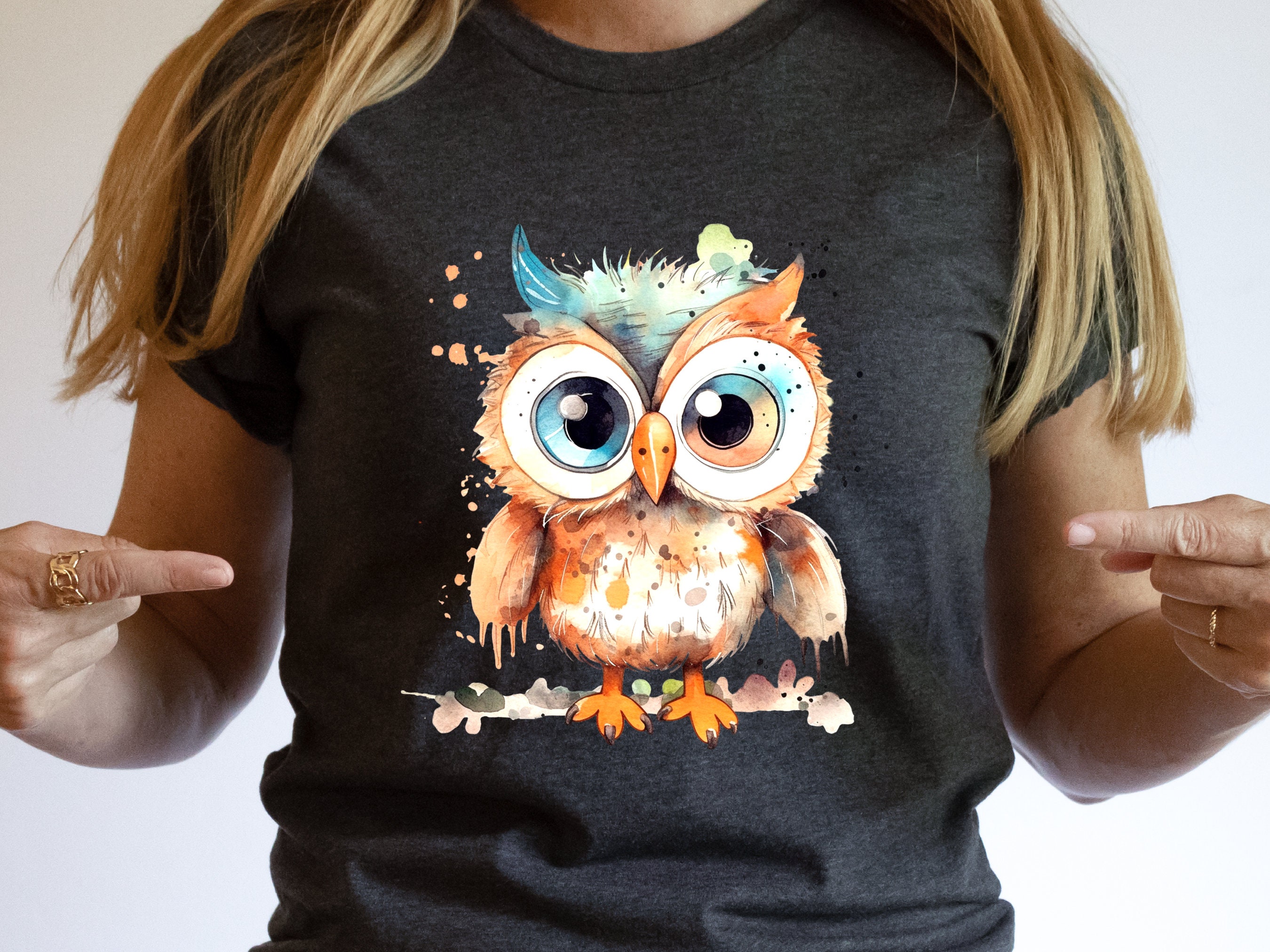 Fluffy Owl Shirt Cute Boho Watercolour Grunge Owl Tee Teal Orange T-Shirt Owl Lovers Gift for Bird Watching Teacher Friend Funny Ornithology - View 6