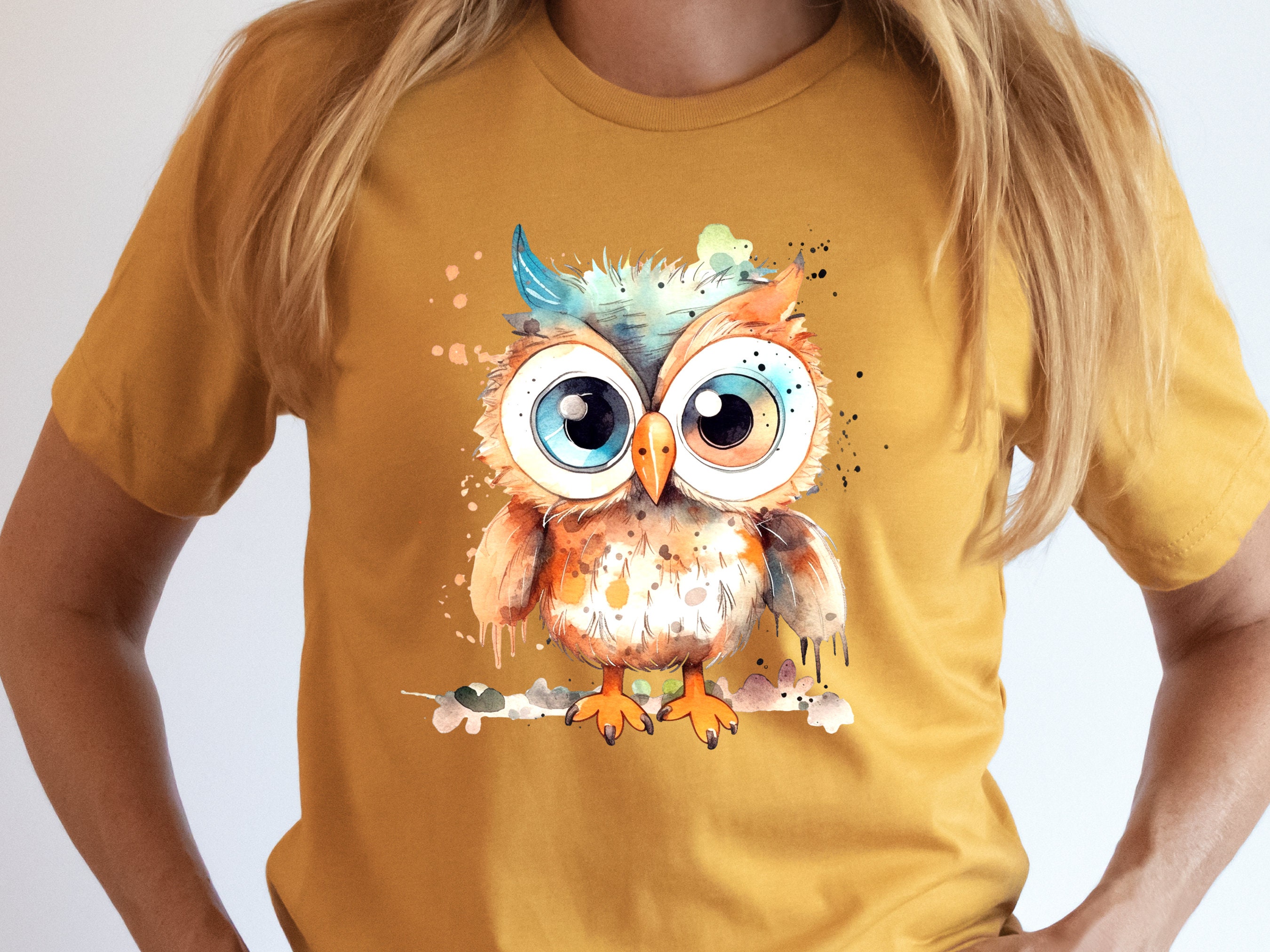 Fluffy Owl Shirt Cute Boho Watercolour Grunge Owl Tee Teal Orange T-Shirt Owl Lovers Gift for Bird Watching Teacher Friend Funny Ornithology - View 7