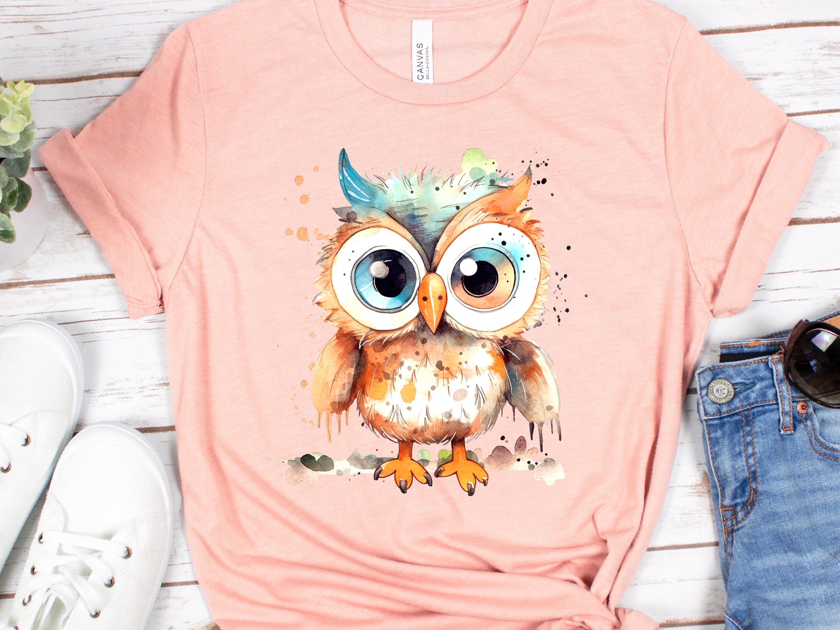 Fluffy Owl Shirt Cute Boho Watercolour Grunge Owl Tee Teal Orange T-Shirt Owl Lovers Gift for Bird Watching Teacher Friend Funny Ornithology - View 8