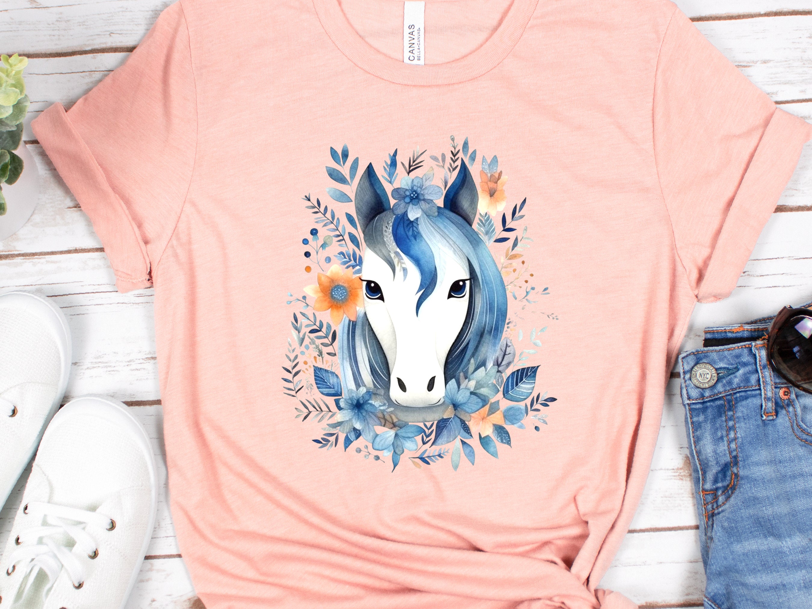 Boho Horse Shirt with Floral Design Flowers Leaves T-shirt Coral Orange Blue Horsey Lovers Riders Gift Watercolour Bohemian Illustration Tee