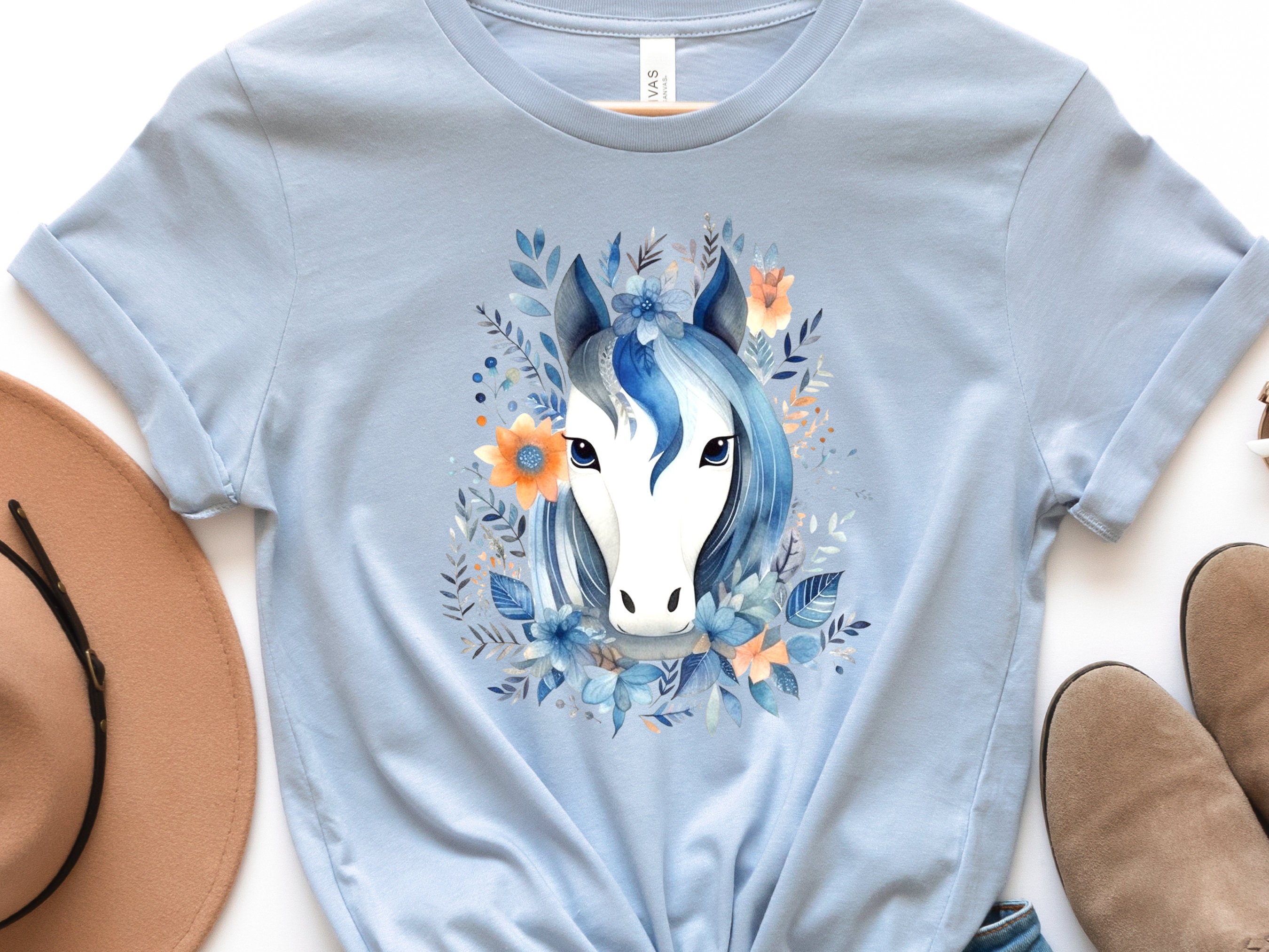 Boho Horse Shirt with Floral Design Flowers Leaves T-shirt Coral Orange Blue Horsey Lovers Riders Gift Watercolour Bohemian Illustration Tee - View 2