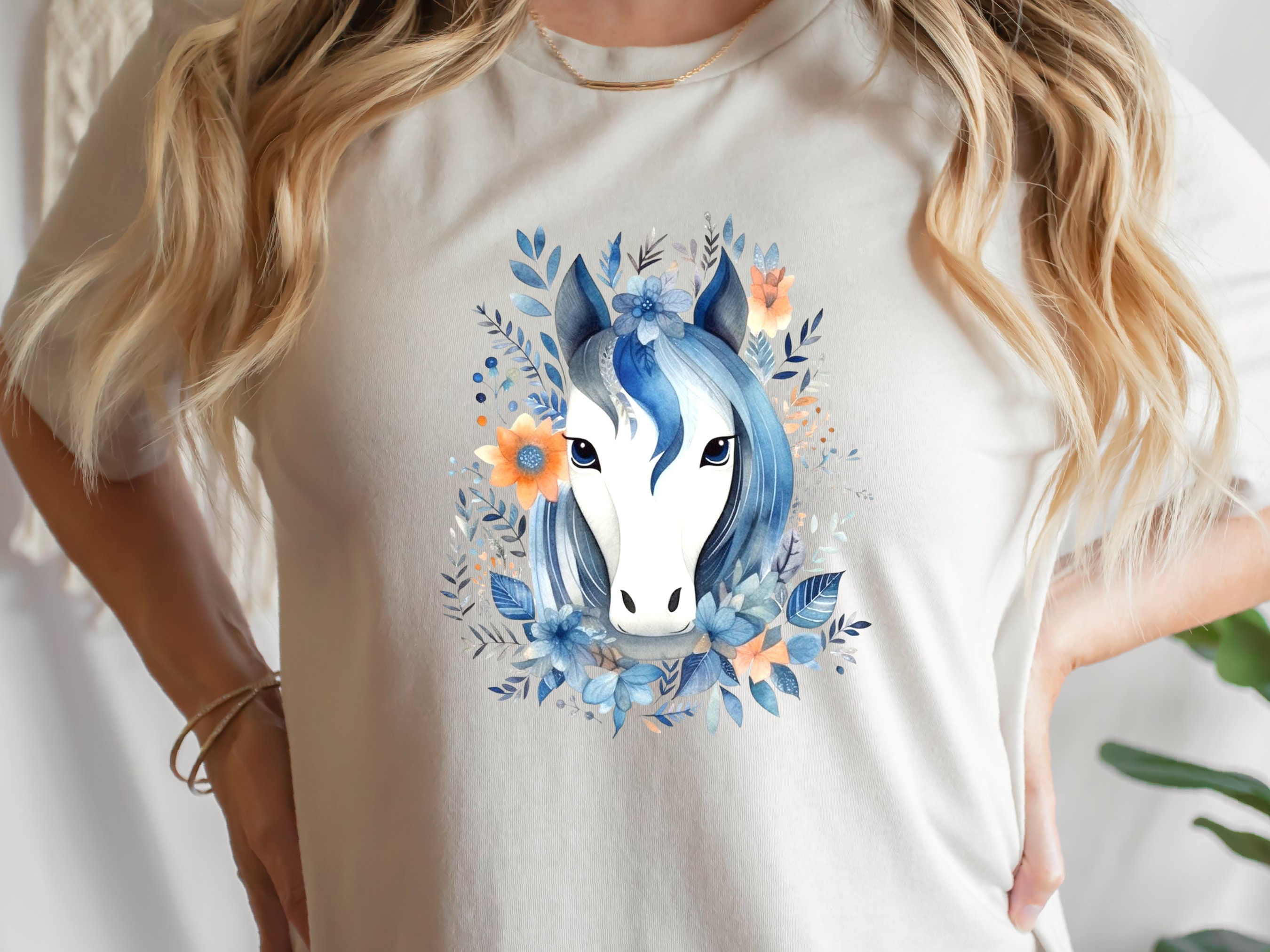 Boho Horse Shirt with Floral Design Flowers Leaves T-shirt Coral Orange Blue Horsey Lovers Riders Gift Watercolour Bohemian Illustration Tee - View 3