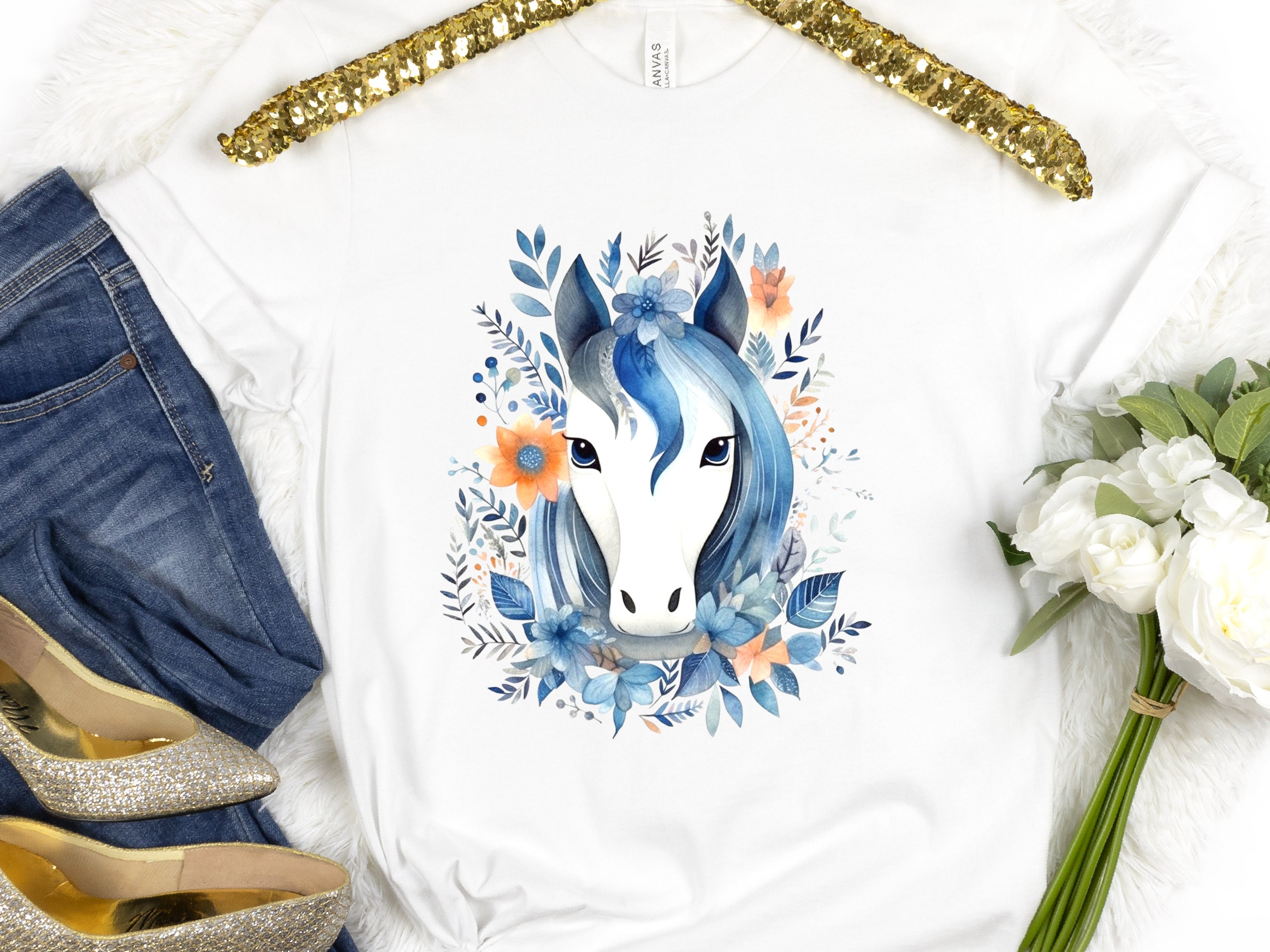 Boho Horse Shirt with Floral Design Flowers Leaves T-shirt Coral Orange Blue Horsey Lovers Riders Gift Watercolour Bohemian Illustration Tee - View 4