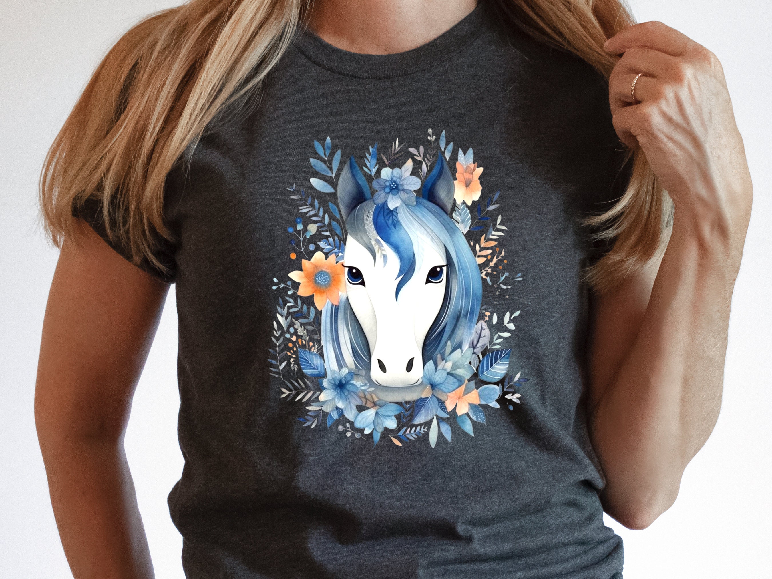 Boho Horse Shirt with Floral Design Flowers Leaves T-shirt Coral Orange Blue Horsey Lovers Riders Gift Watercolour Bohemian Illustration Tee - View 5