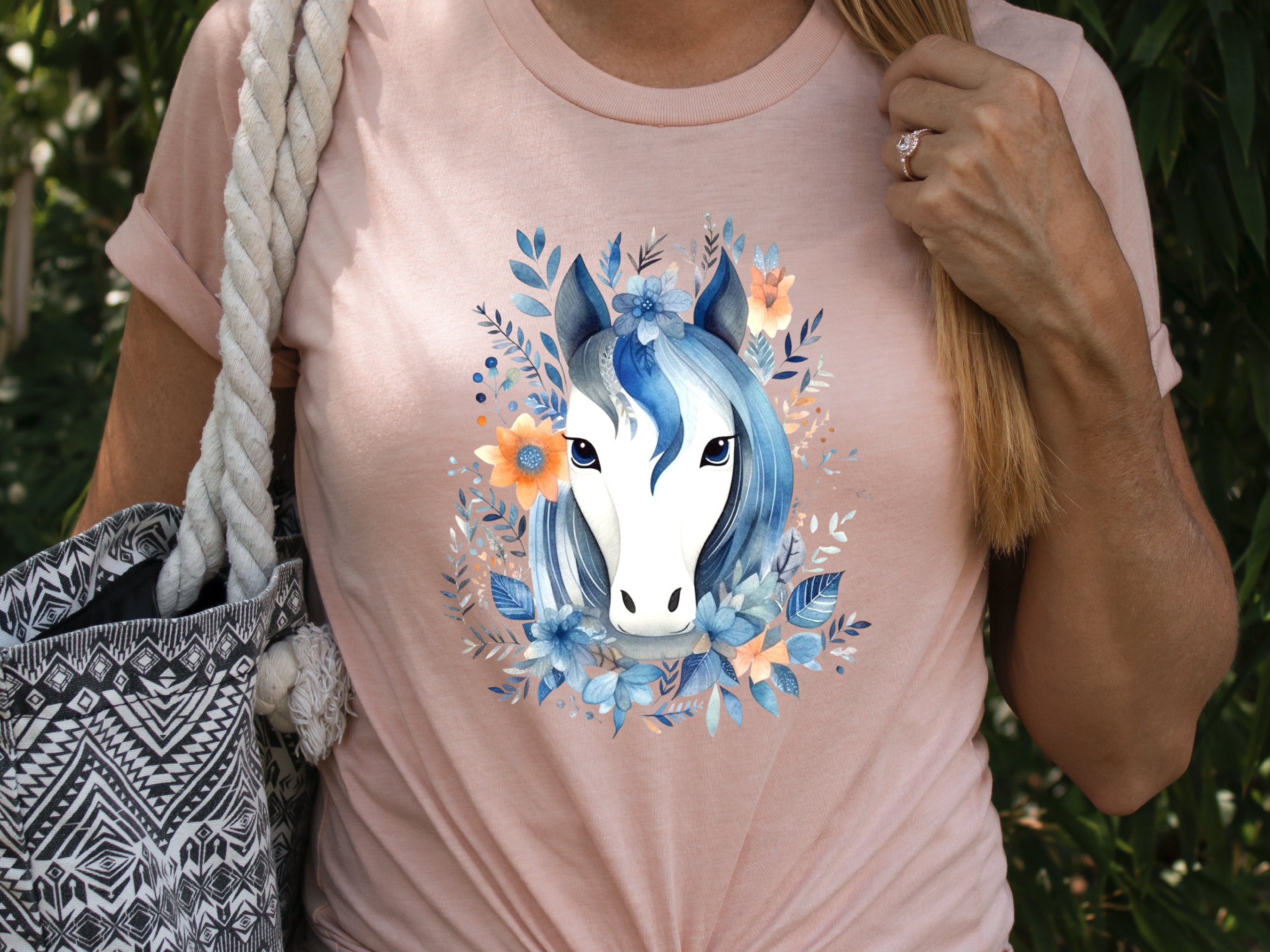 Boho Horse Shirt with Floral Design Flowers Leaves T-shirt Coral Orange Blue Horsey Lovers Riders Gift Watercolour Bohemian Illustration Tee - View 7