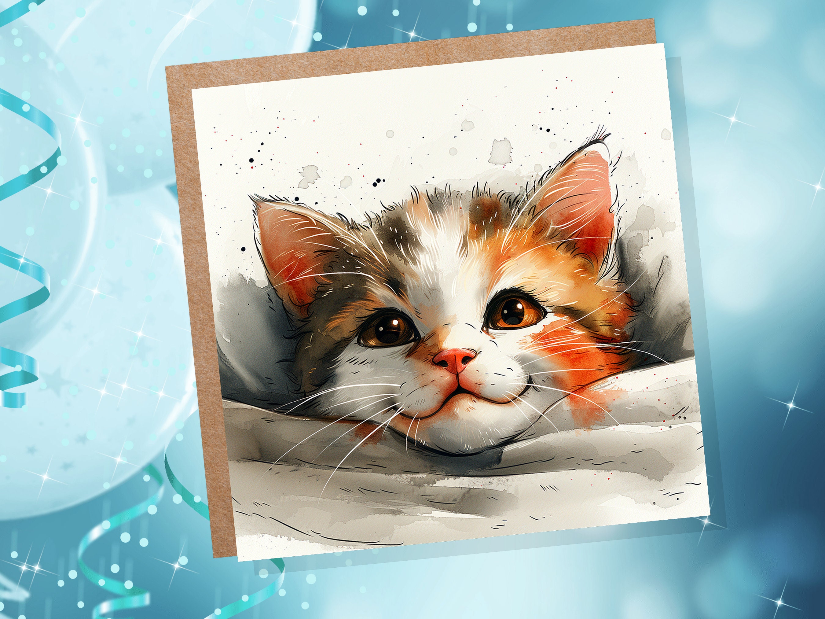 Cute Kitten Card Cat Face Curiosity Wonder Feline Pet Lovers Family Friends Whimsical