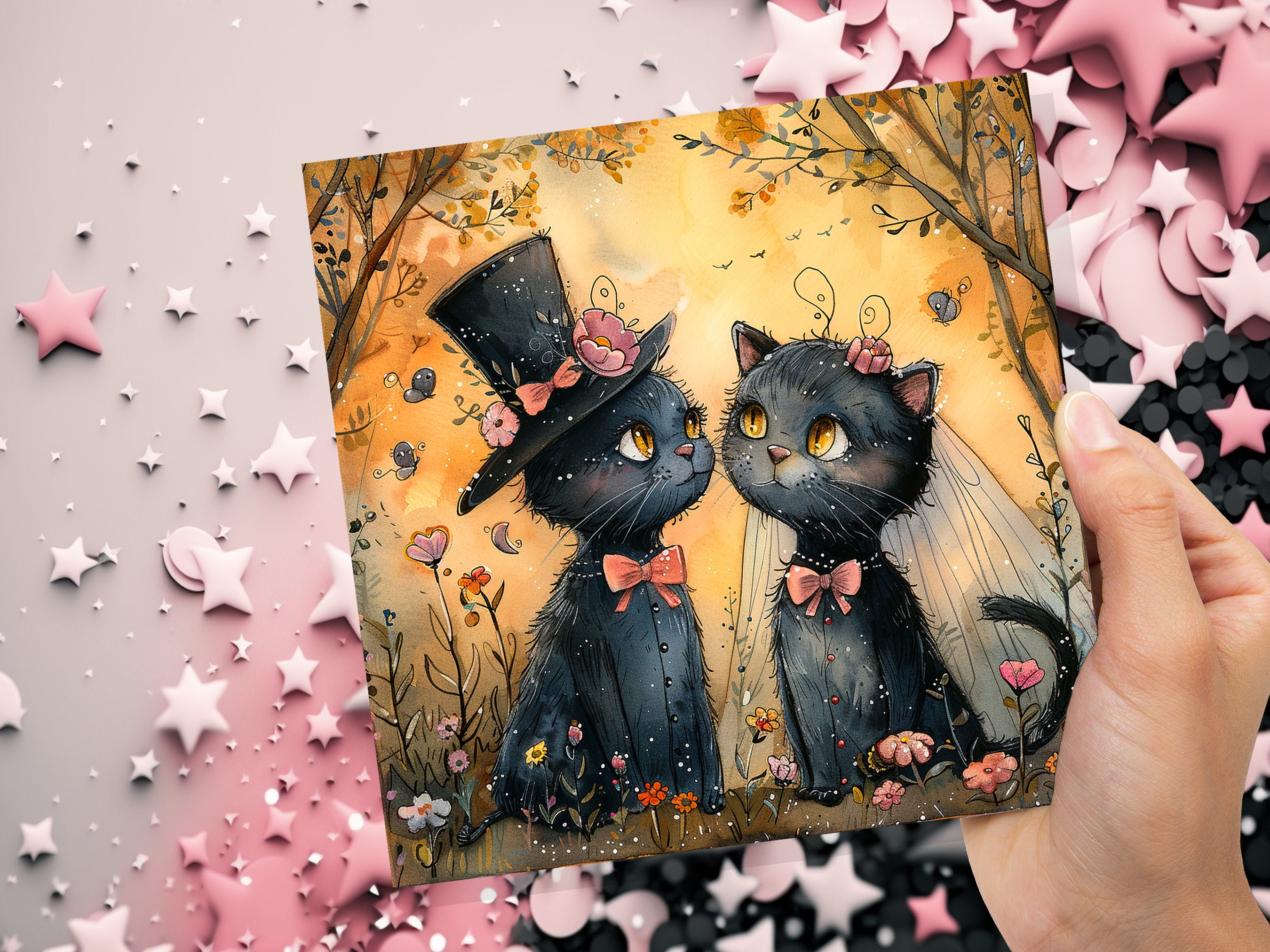 Black Cat Wedding Card Whimsical Cats Anniversary Card for Cat Lovers Romantic Unique Whimsical Illustration Happy Couple Getting Married - View 8