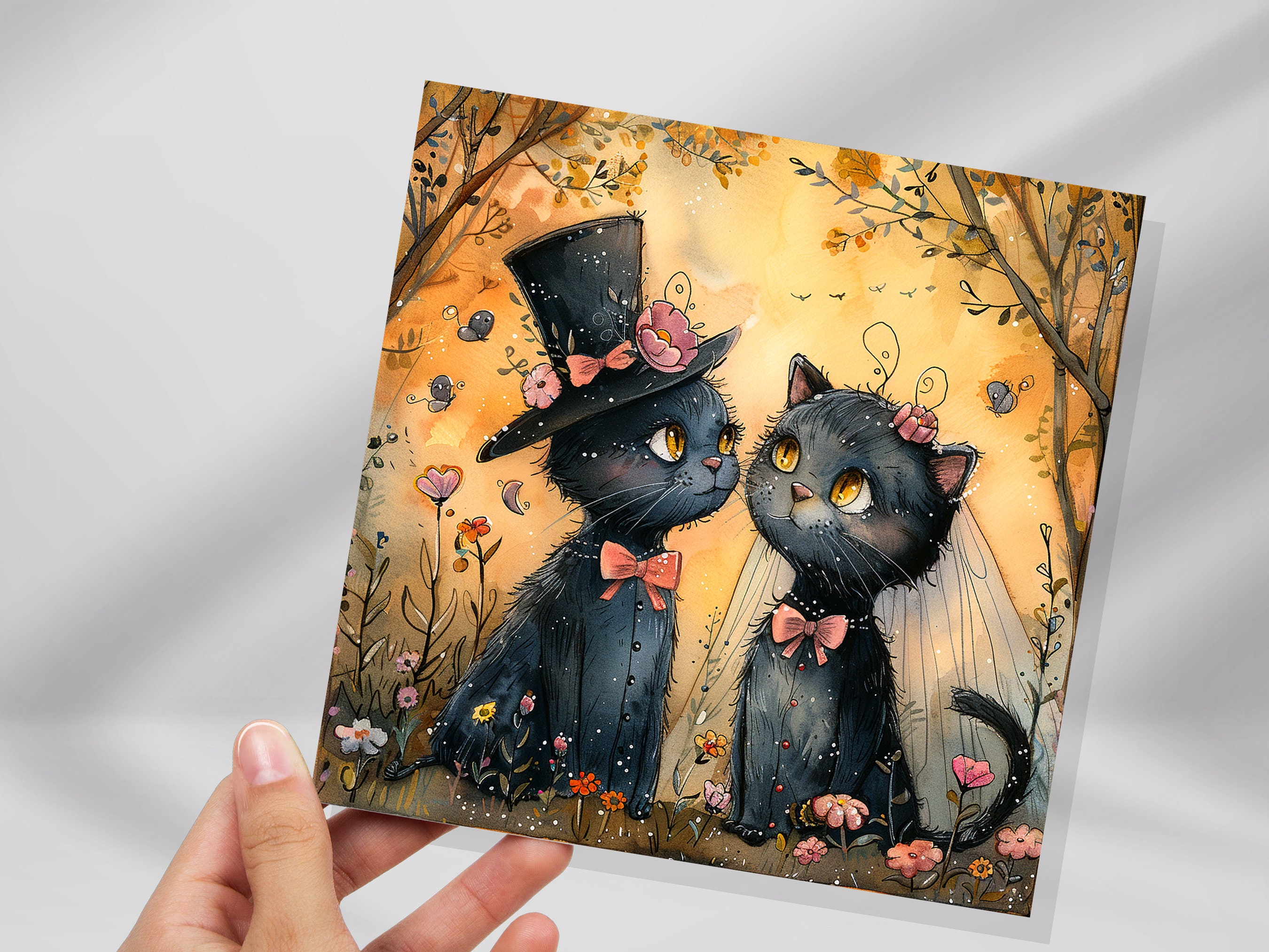 Black Cat Wedding Card Whimsical Cats Anniversary Card for Cat Lovers Romantic Unique Whimsical Illustration Happy Couple Getting Married - View 4