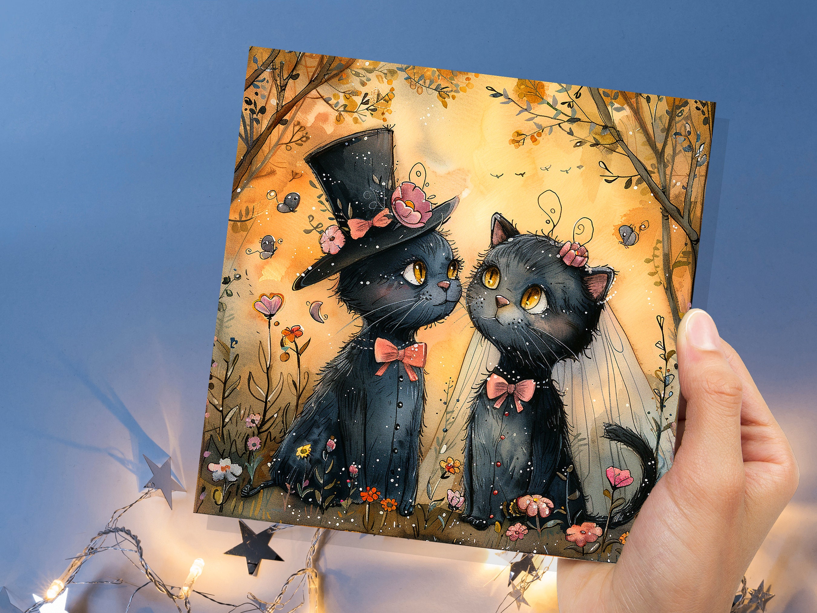 Black Cat Wedding Card Whimsical Cats Anniversary Card for Cat Lovers Romantic Unique Whimsical Illustration Happy Couple Getting Married - View 7