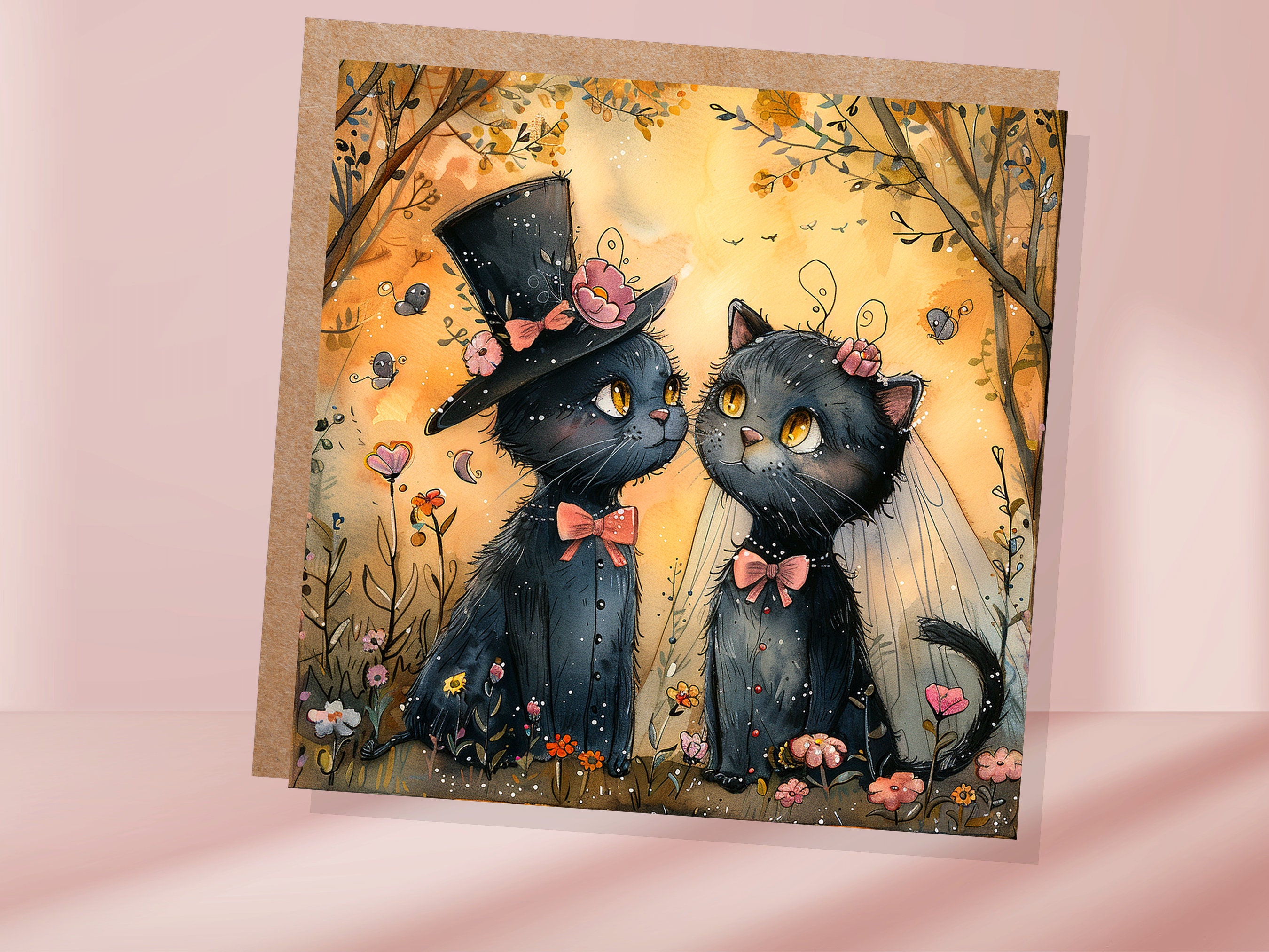 Black Cat Wedding Card Whimsical Cats Anniversary Card for Cat Lovers Romantic Unique Whimsical Illustration Happy Couple Getting Married - View 2