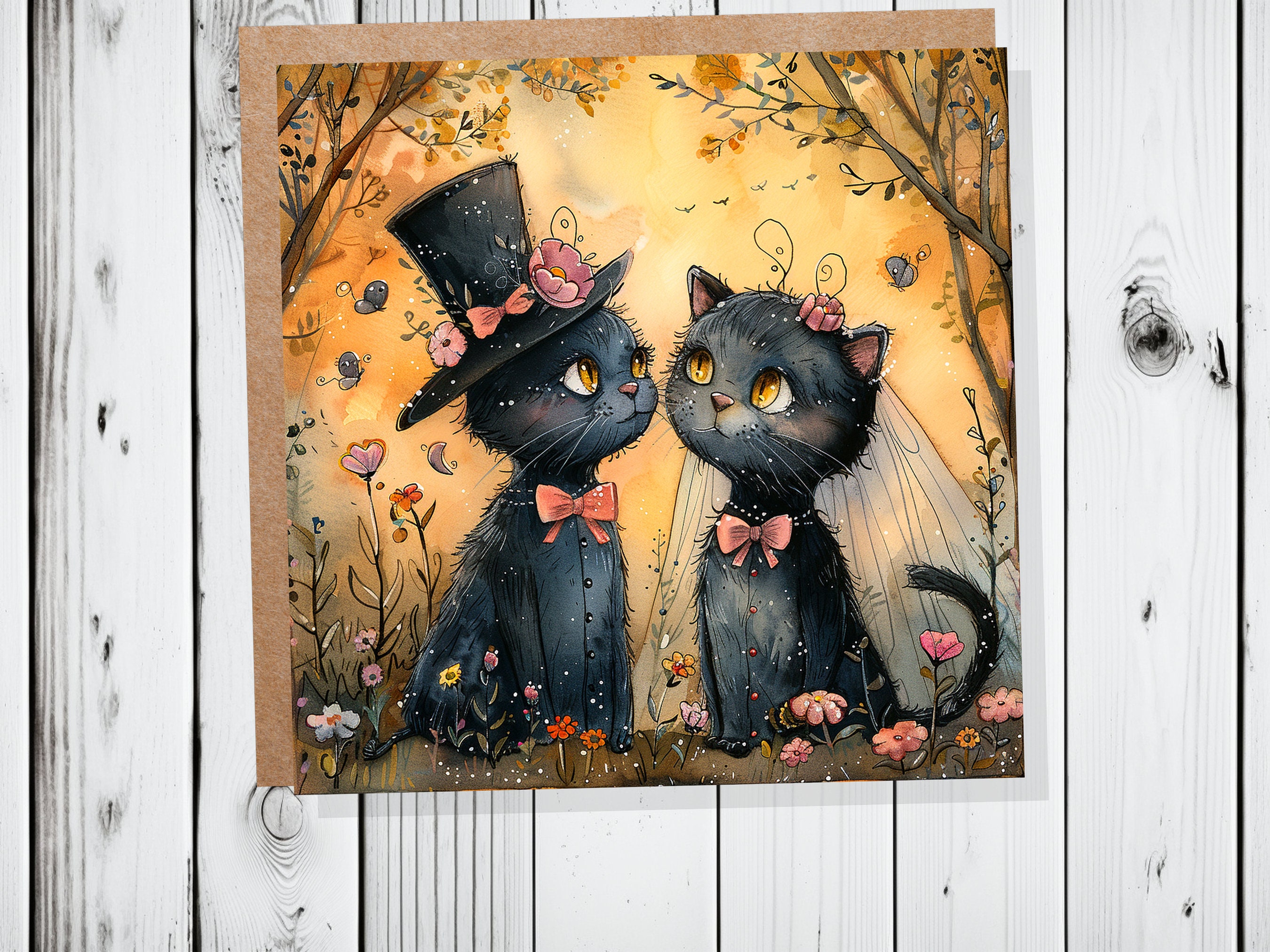 Black Cat Wedding Card Whimsical Cats Anniversary Card for Cat Lovers Romantic Unique Whimsical Illustration Happy Couple Getting Married - View 3