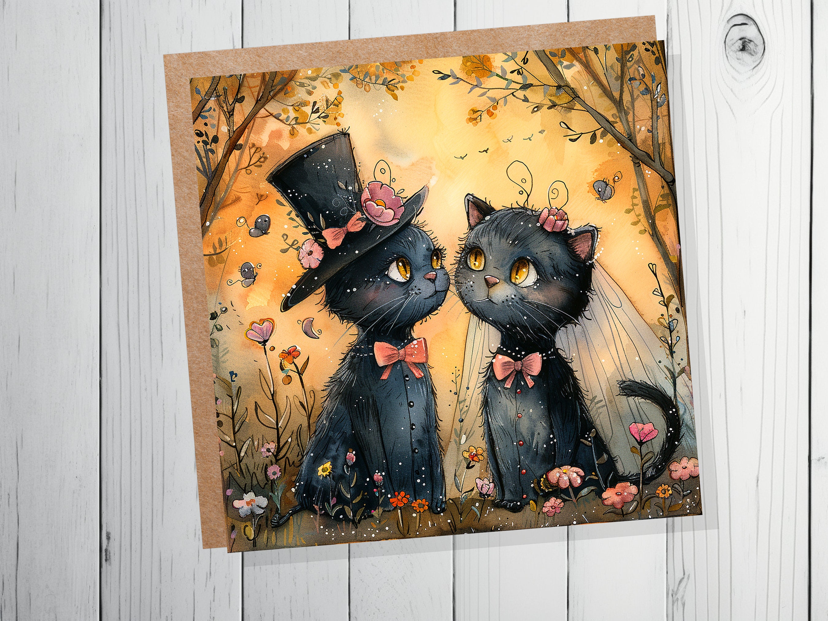 Black Cat Wedding Card Whimsical Cats Anniversary Card for Cat Lovers Romantic Unique Whimsical Illustration Happy Couple Getting Married