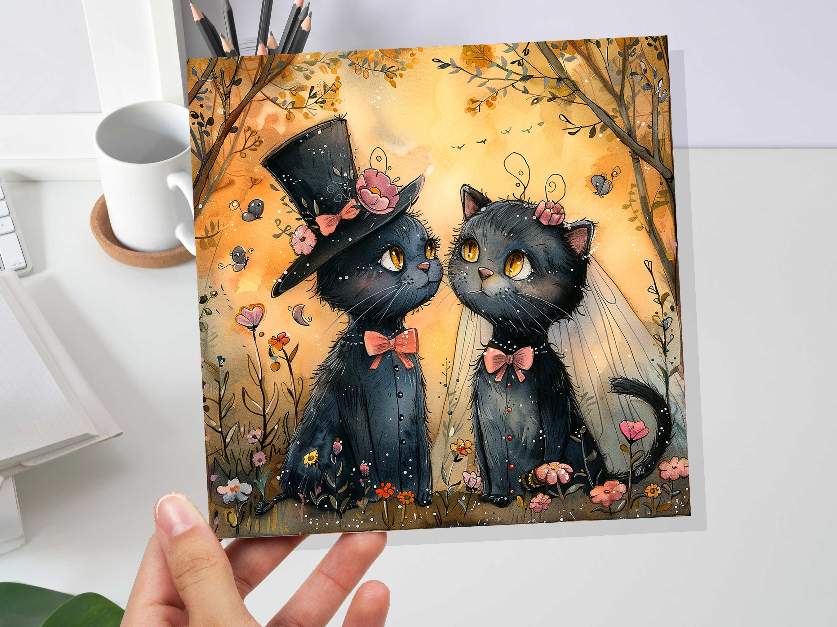 Black Cat Wedding Card Whimsical Cats Anniversary Card for Cat Lovers Romantic Unique Whimsical Illustration Happy Couple Getting Married - View 5