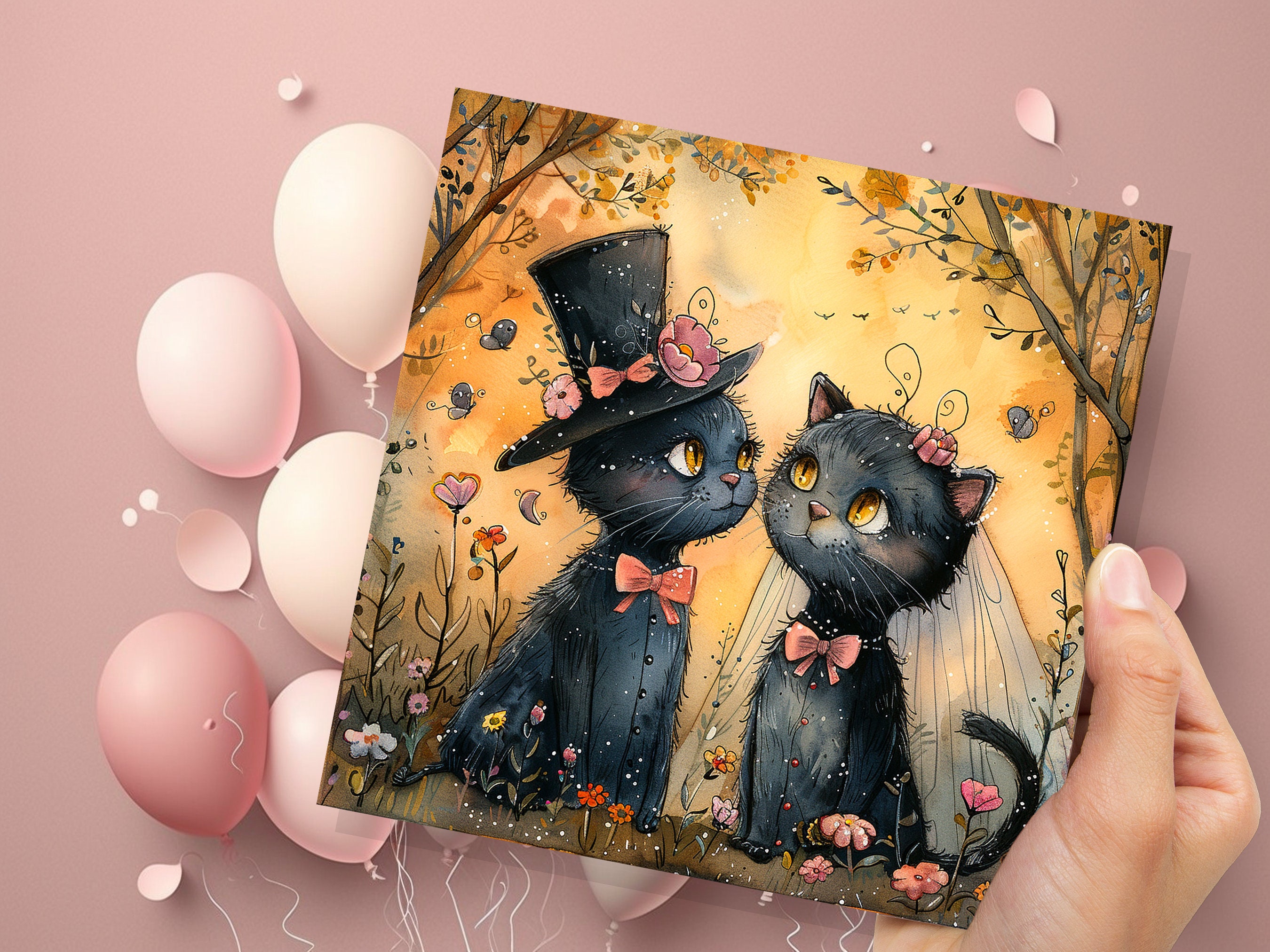 Black Cat Wedding Card Whimsical Cats Anniversary Card for Cat Lovers Romantic Unique Whimsical Illustration Happy Couple Getting Married - View 9