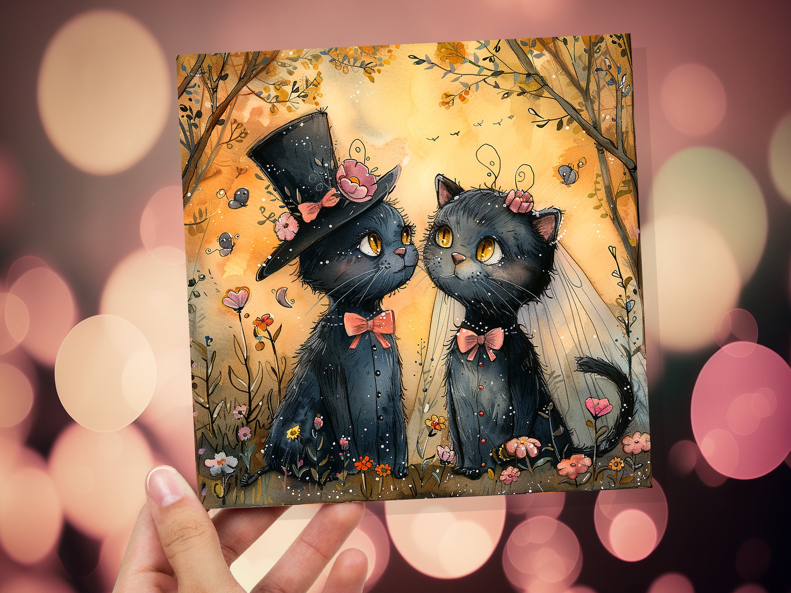 Black Cat Wedding Card Whimsical Cats Anniversary Card for Cat Lovers Romantic Unique Whimsical Illustration Happy Couple Getting Married - View 6