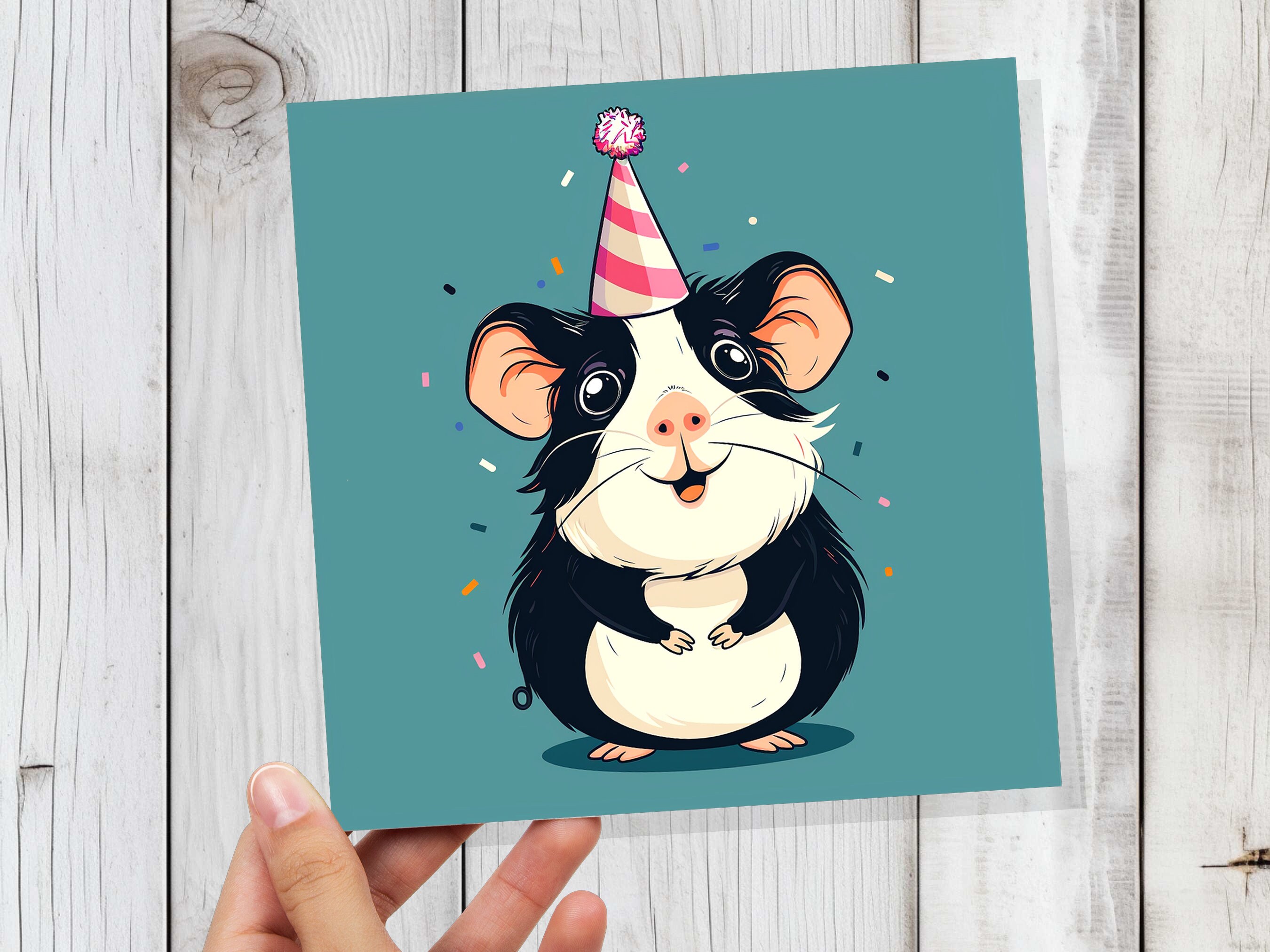 Guinea Pig Birthday Card Cute Party Hat Celebration Small Pets Animal Lovers Black and White Greetings for Cavy Owners Pet Sitting Thanks