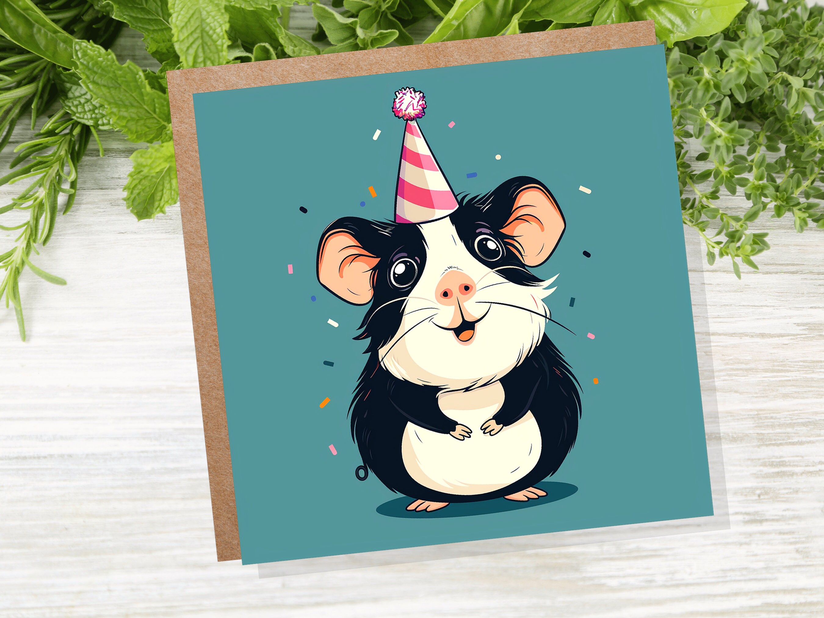 Guinea Pig Birthday Card Cute Party Hat Celebration Small Pets Animal Lovers Black and White Greetings for Cavy Owners Pet Sitting Thanks - View 2