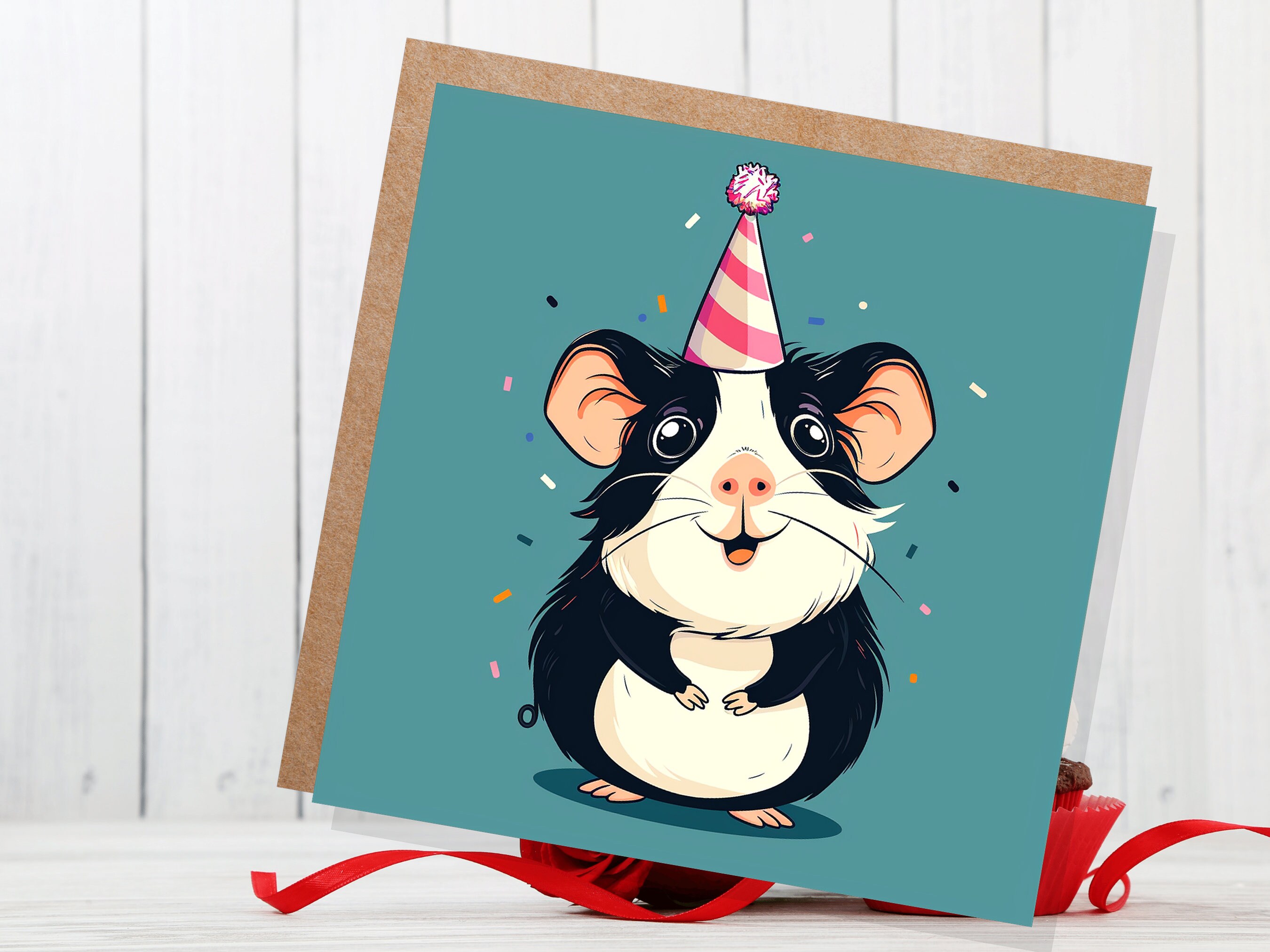 Guinea Pig Birthday Card Cute Party Hat Celebration Small Pets Animal Lovers Black and White Greetings for Cavy Owners Pet Sitting Thanks - View 3