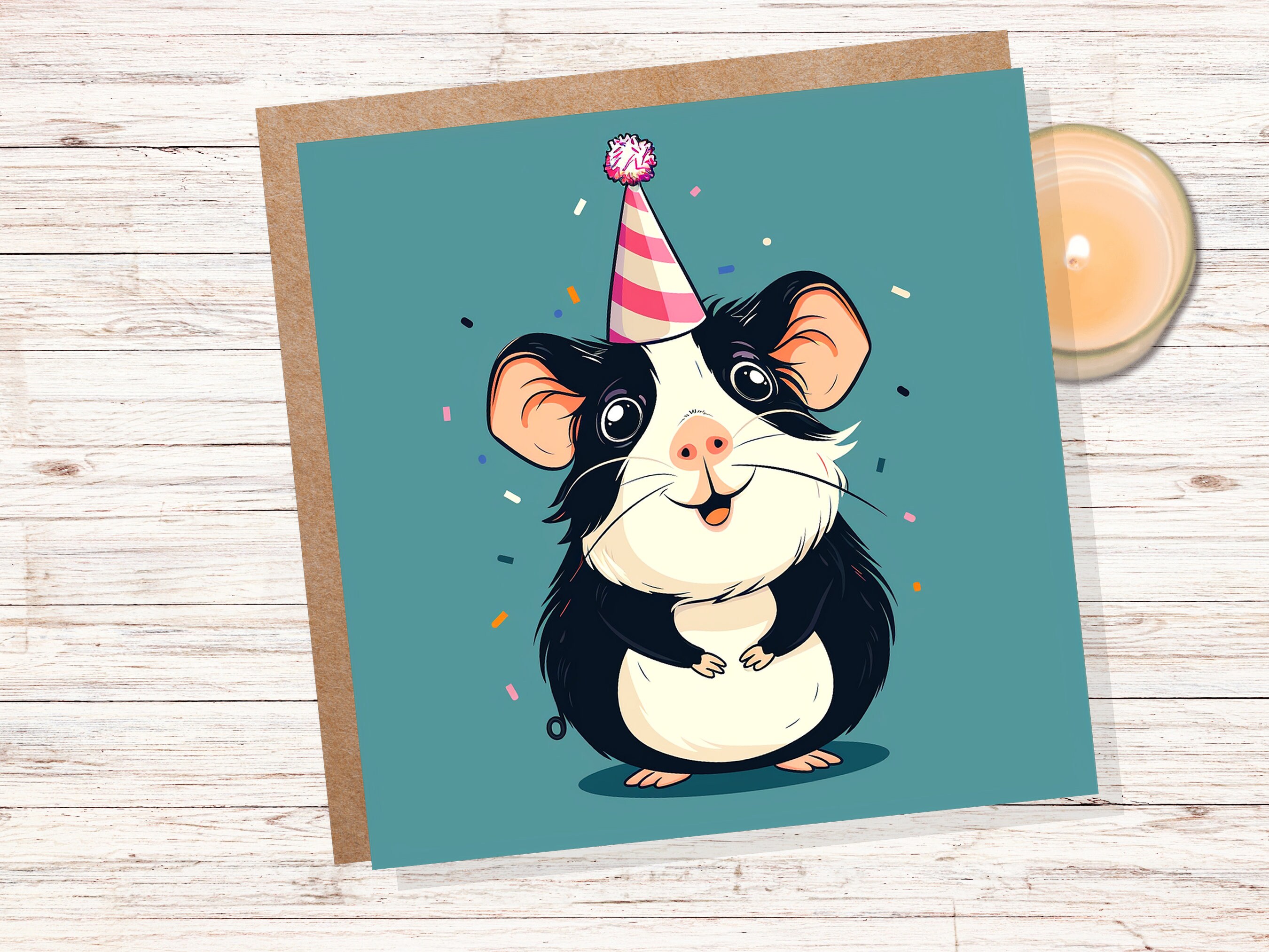 Guinea Pig Birthday Card Cute Party Hat Celebration Small Pets Animal Lovers Black and White Greetings for Cavy Owners Pet Sitting Thanks - View 4