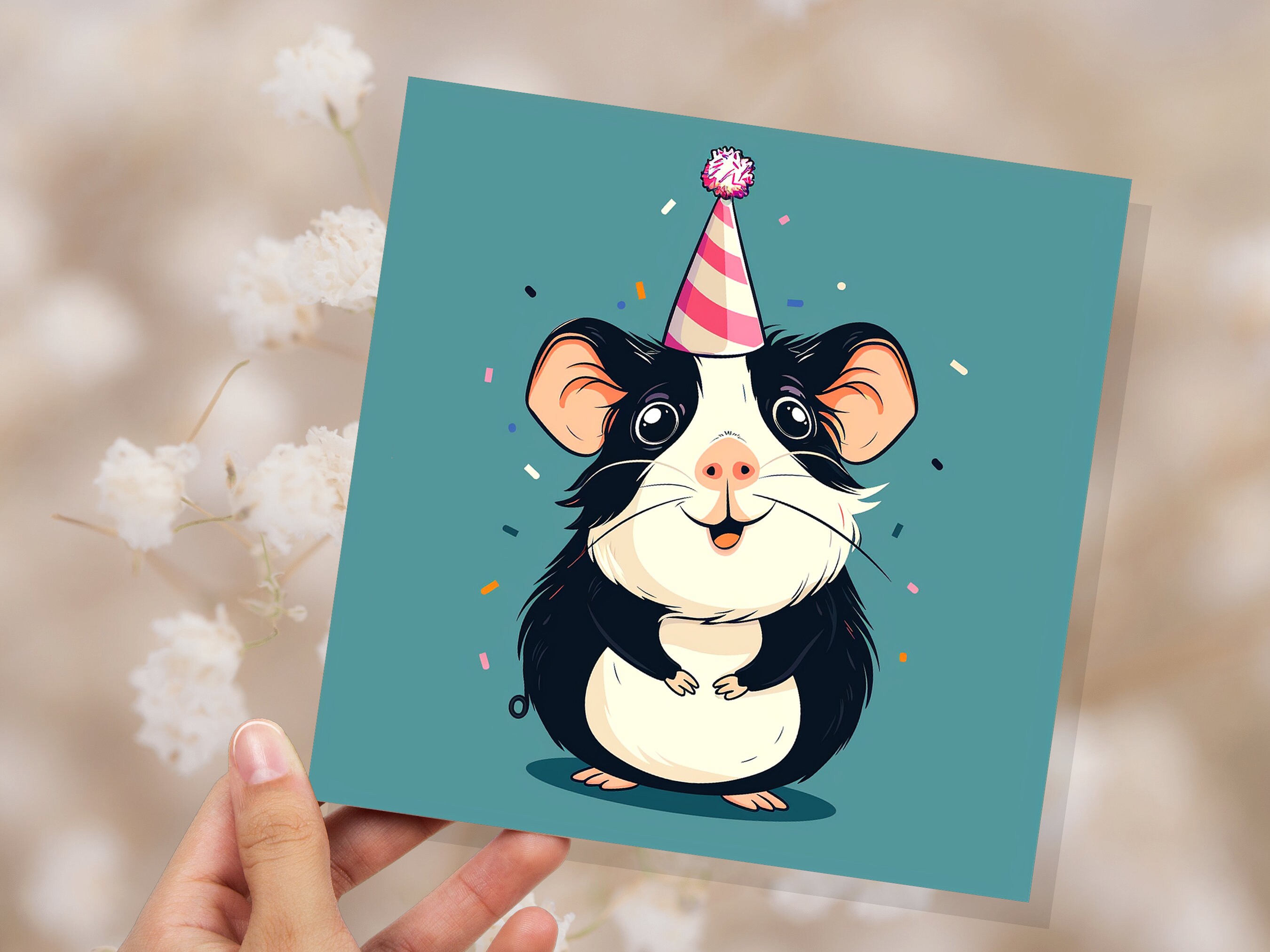 Guinea Pig Birthday Card Cute Party Hat Celebration Small Pets Animal Lovers Black and White Greetings for Cavy Owners Pet Sitting Thanks - View 5