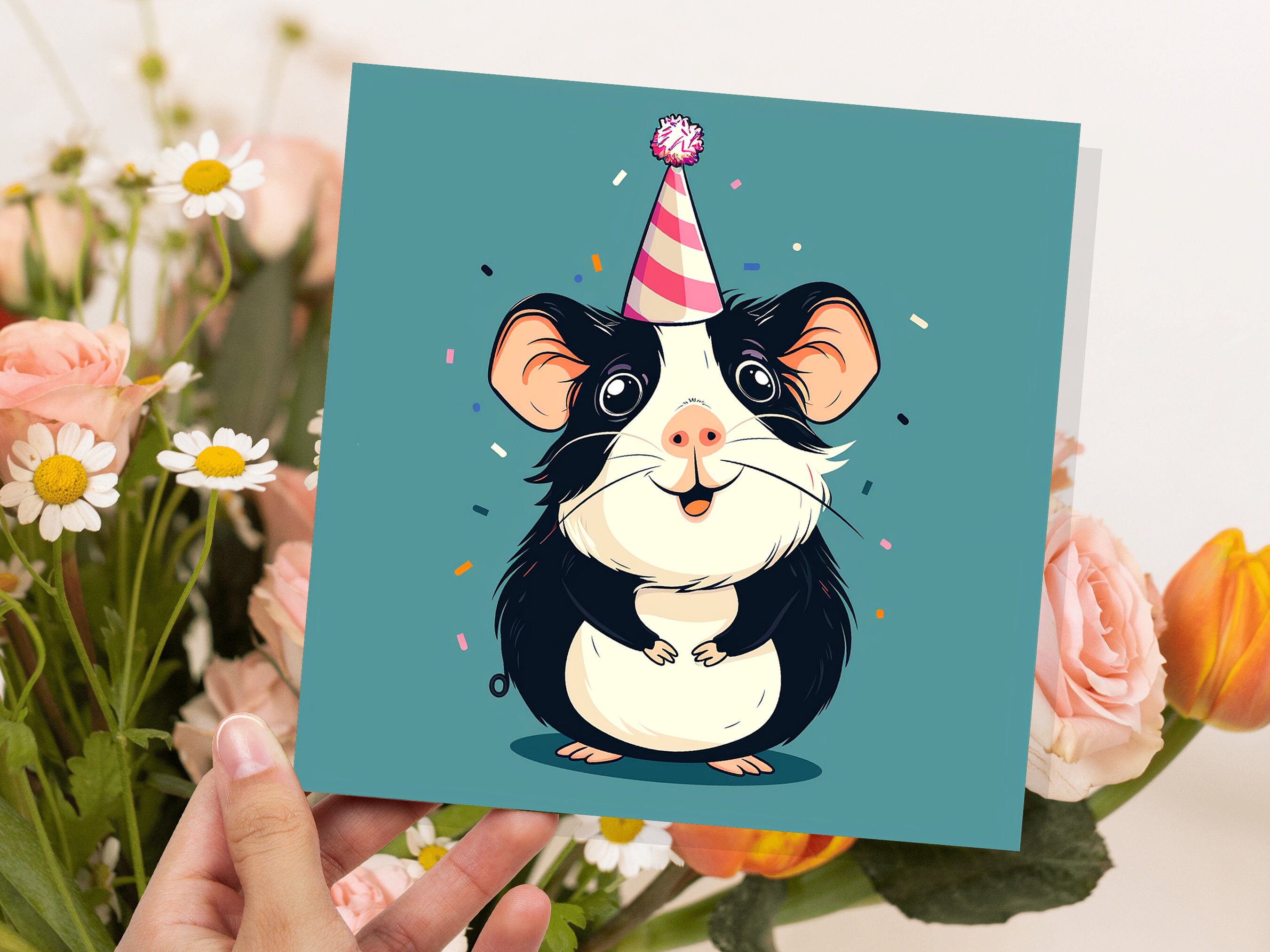 Guinea Pig Birthday Card Cute Party Hat Celebration Small Pets Animal Lovers Black and White Greetings for Cavy Owners Pet Sitting Thanks - View 6