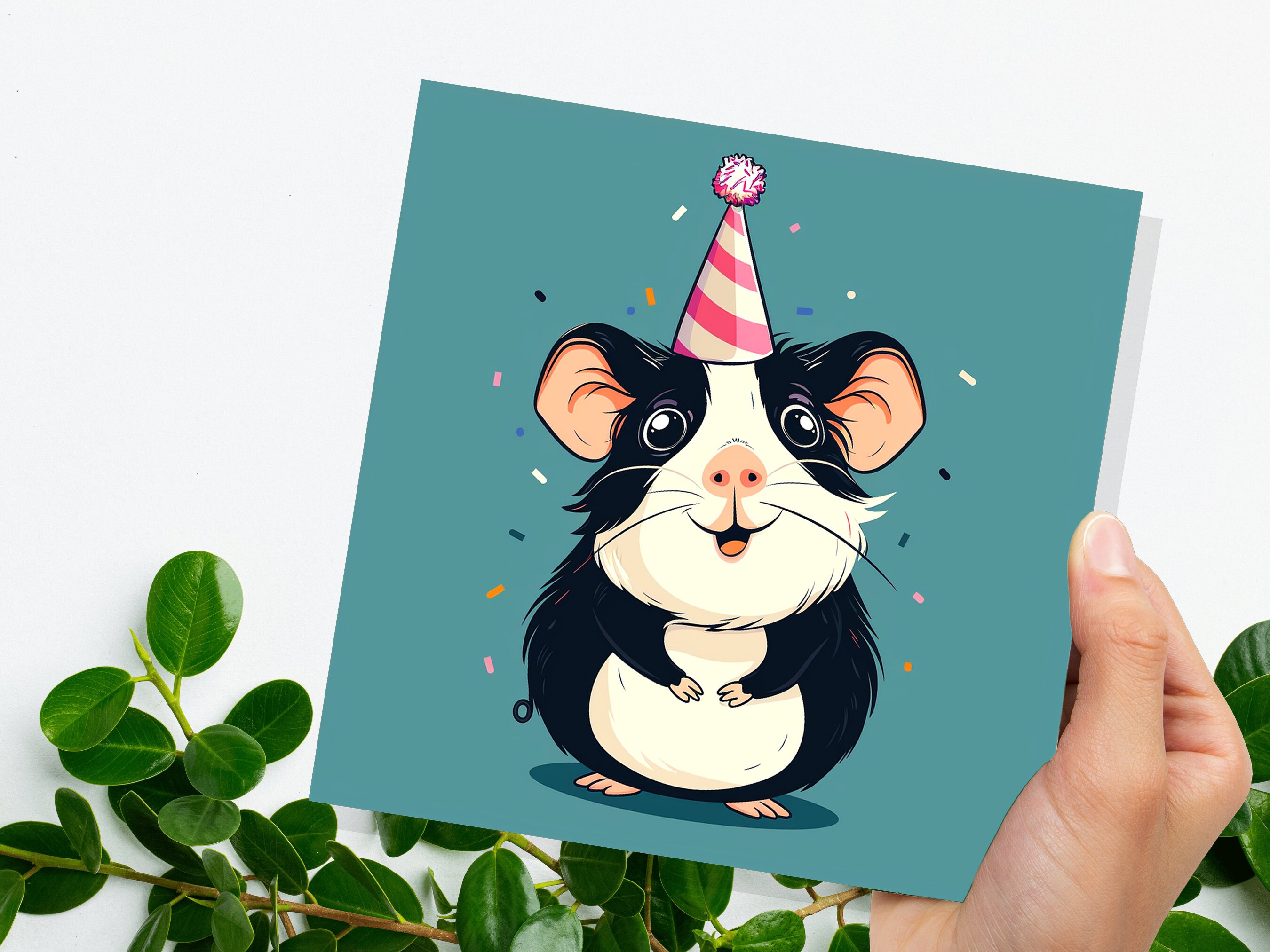 Guinea Pig Birthday Card Cute Party Hat Celebration Small Pets Animal Lovers Black and White Greetings for Cavy Owners Pet Sitting Thanks - View 7