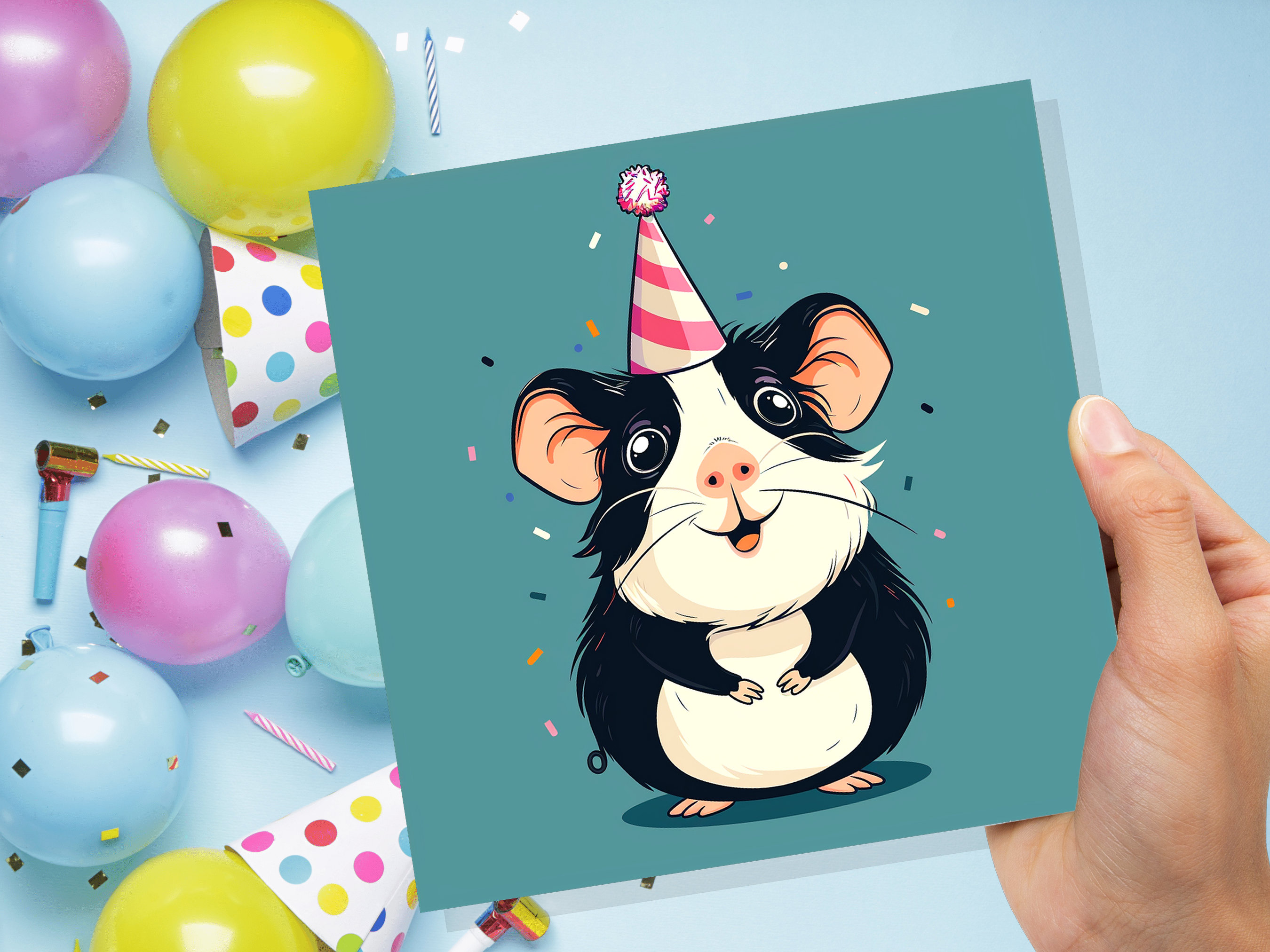 Guinea Pig Birthday Card Cute Party Hat Celebration Small Pets Animal Lovers Black and White Greetings for Cavy Owners Pet Sitting Thanks - View 8