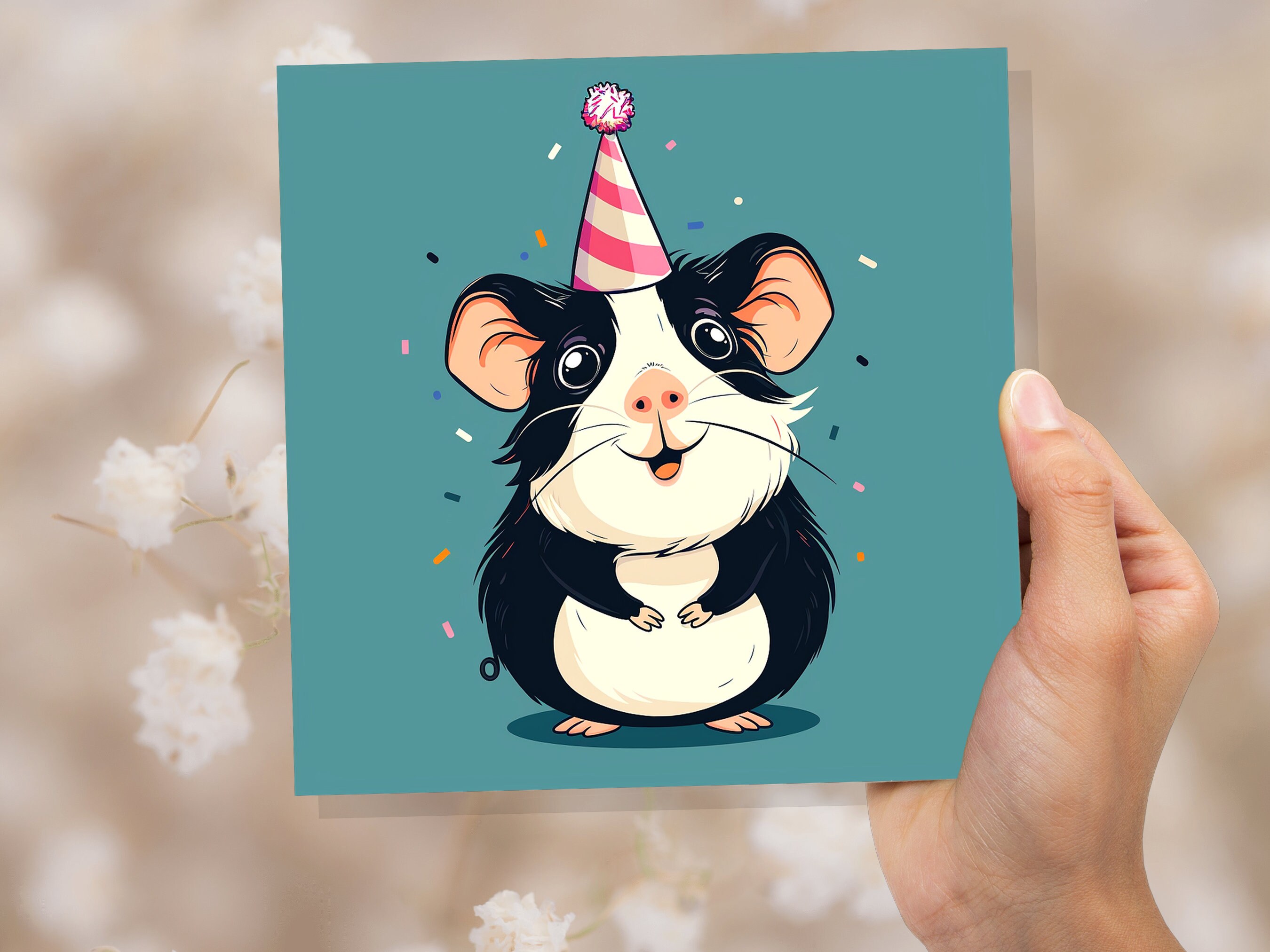 Guinea Pig Birthday Card Cute Party Hat Celebration Small Pets Animal Lovers Black and White Greetings for Cavy Owners Pet Sitting Thanks - View 9