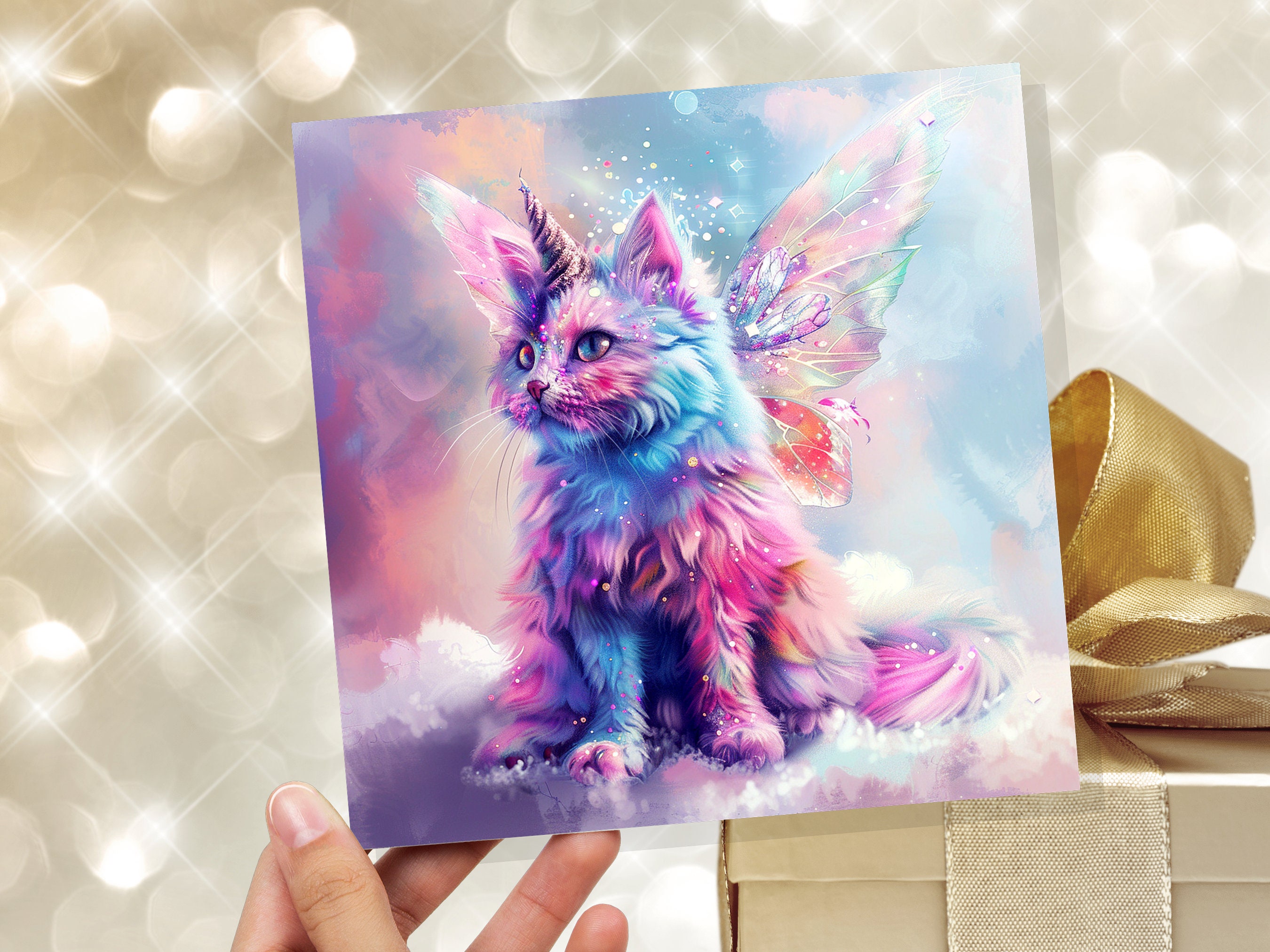 Caticorn Birthday Card Whimsical Cat Butterfly Wings Kitten for Unicorn Lovers Kids Magical Pastel Pink Purple Blue Rainbow Party Invitation