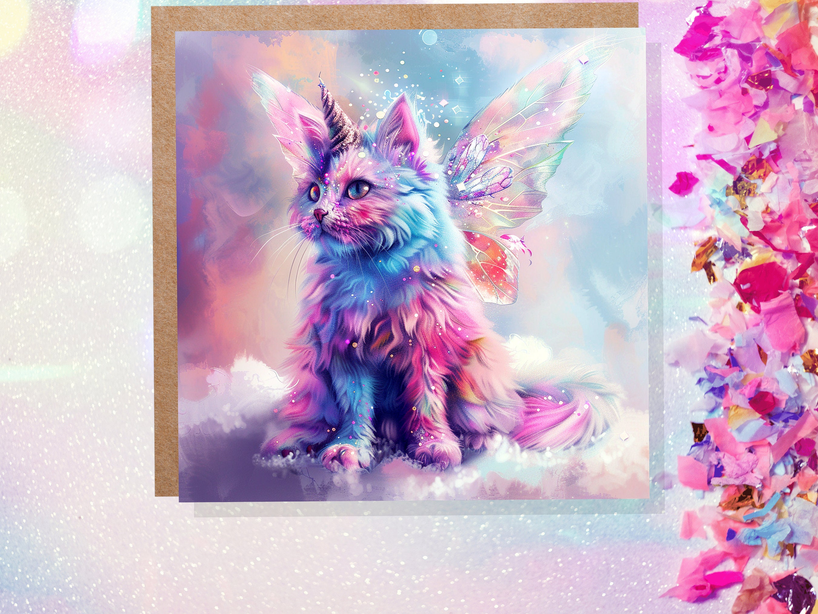 Caticorn Birthday Card Whimsical Cat Butterfly Wings Kitten for Unicorn Lovers Kids Magical Pastel Pink Purple Blue Rainbow Party Invitation - View 2