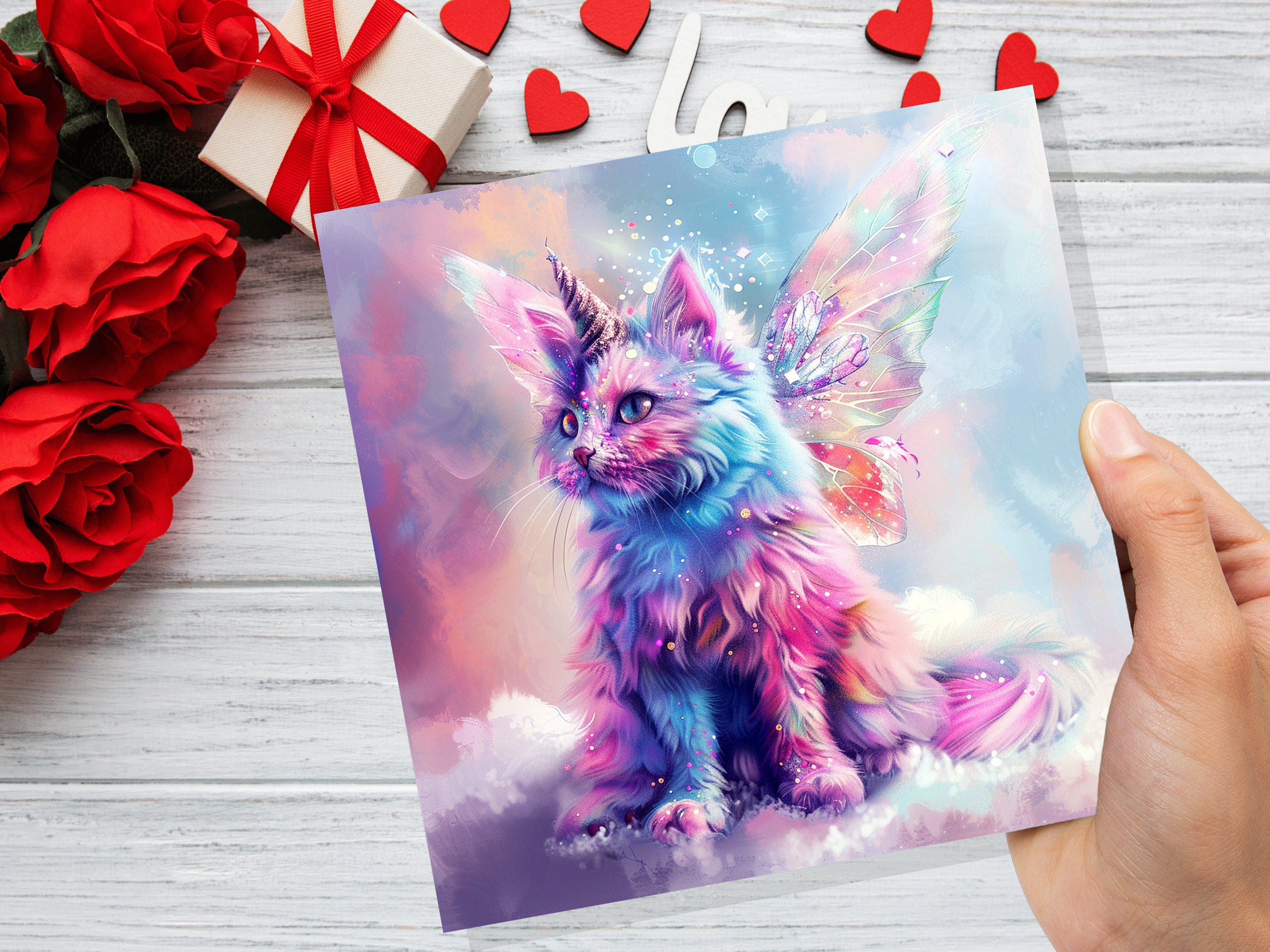 Caticorn Birthday Card Whimsical Cat Butterfly Wings Kitten for Unicorn Lovers Kids Magical Pastel Pink Purple Blue Rainbow Party Invitation - View 9