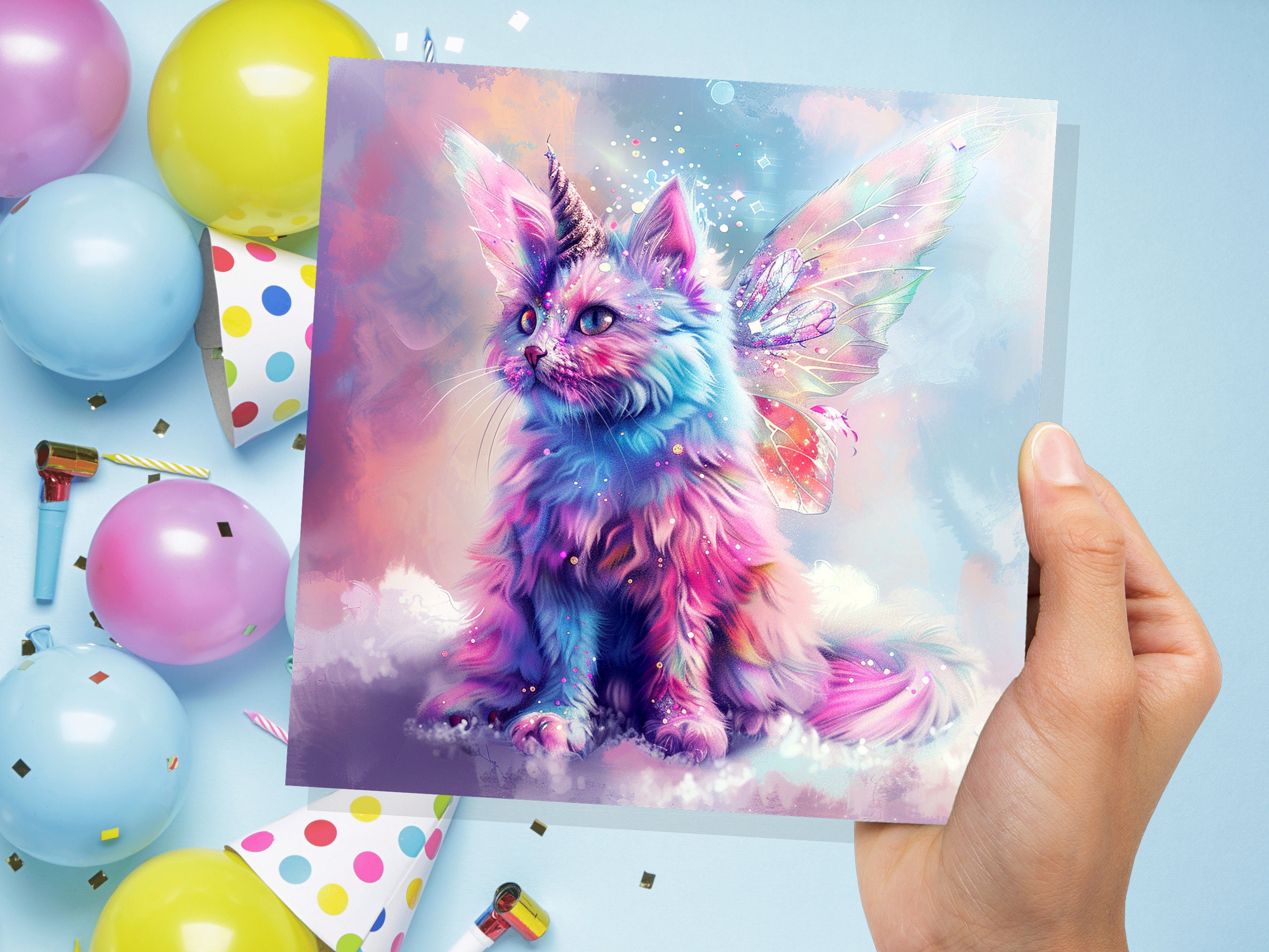 Caticorn Birthday Card Whimsical Cat Butterfly Wings Kitten for Unicorn Lovers Kids Magical Pastel Pink Purple Blue Rainbow Party Invitation - View 7