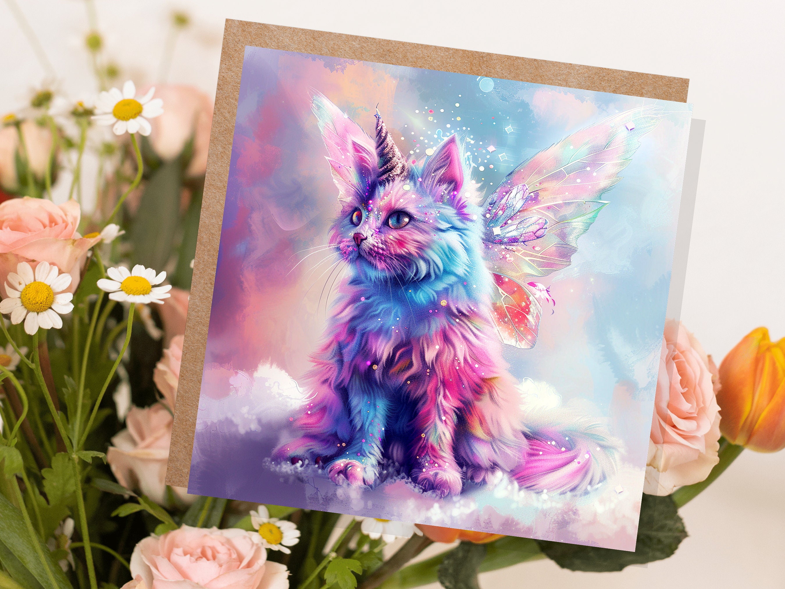 Caticorn Birthday Card Whimsical Cat Butterfly Wings Kitten for Unicorn Lovers Kids Magical Pastel Pink Purple Blue Rainbow Party Invitation - View 4