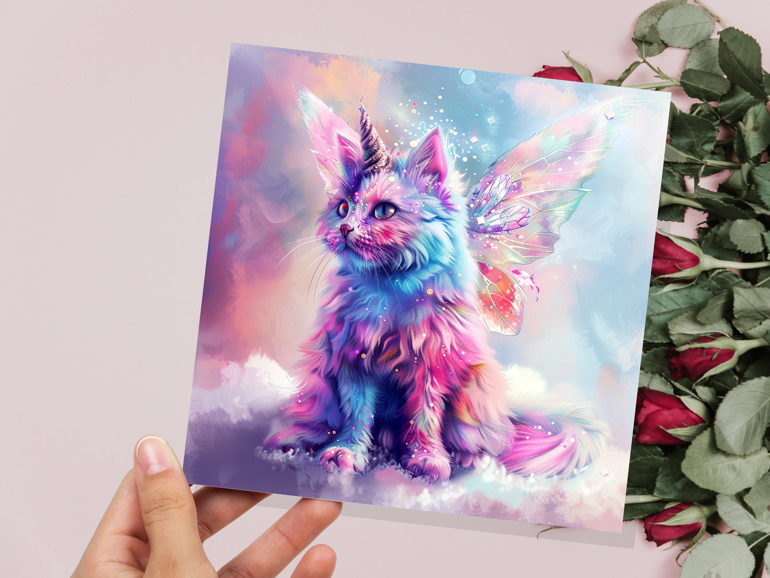 Caticorn Birthday Card Whimsical Cat Butterfly Wings Kitten for Unicorn Lovers Kids Magical Pastel Pink Purple Blue Rainbow Party Invitation - View 6