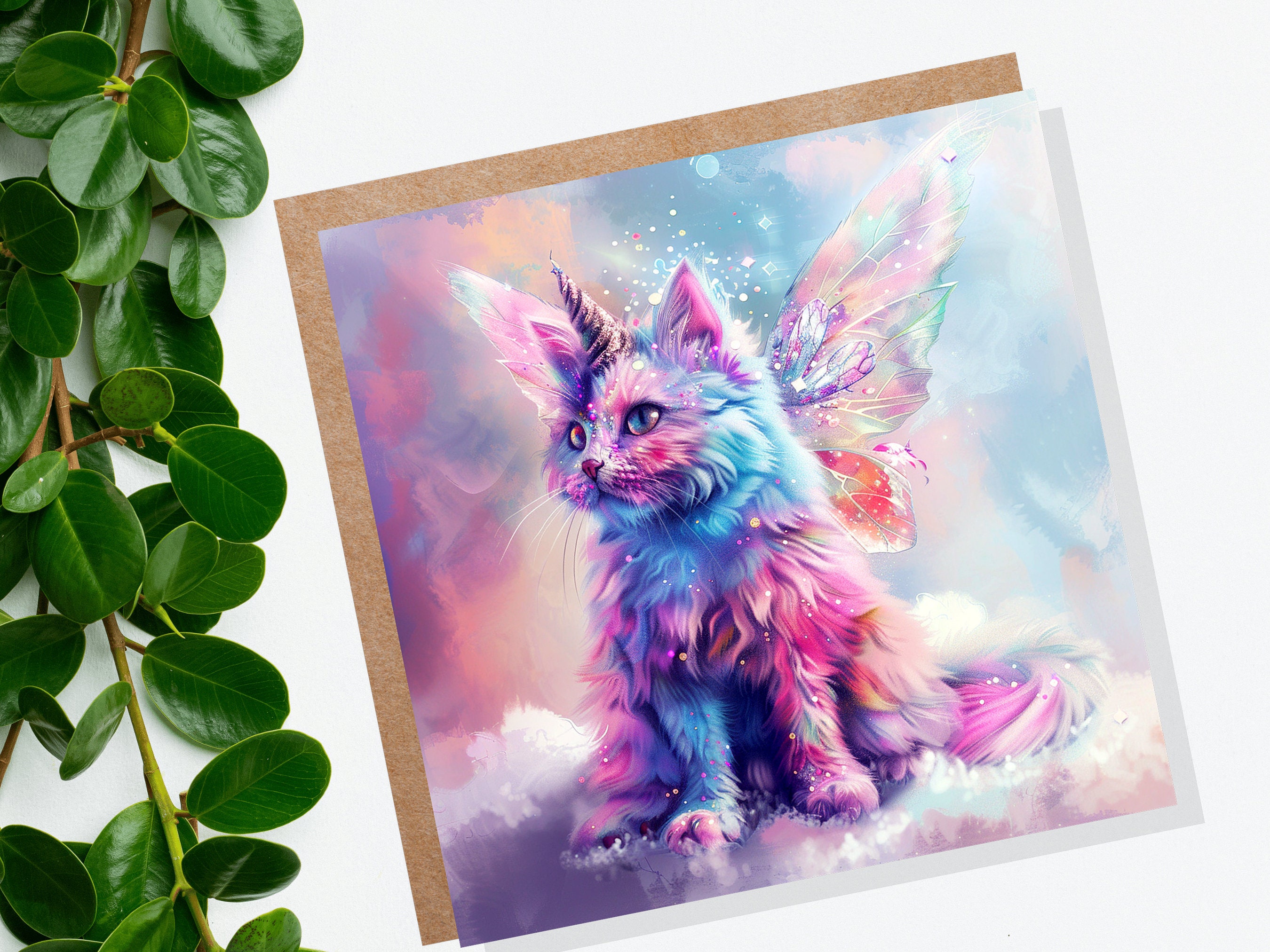 Caticorn Birthday Card Whimsical Cat Butterfly Wings Kitten for Unicorn Lovers Kids Magical Pastel Pink Purple Blue Rainbow Party Invitation - View 3