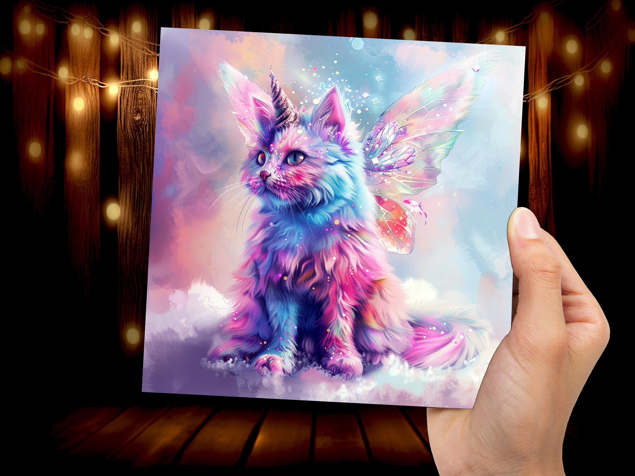 Caticorn Birthday Card Whimsical Cat Butterfly Wings Kitten for Unicorn Lovers Kids Magical Pastel Pink Purple Blue Rainbow Party Invitation - View 8