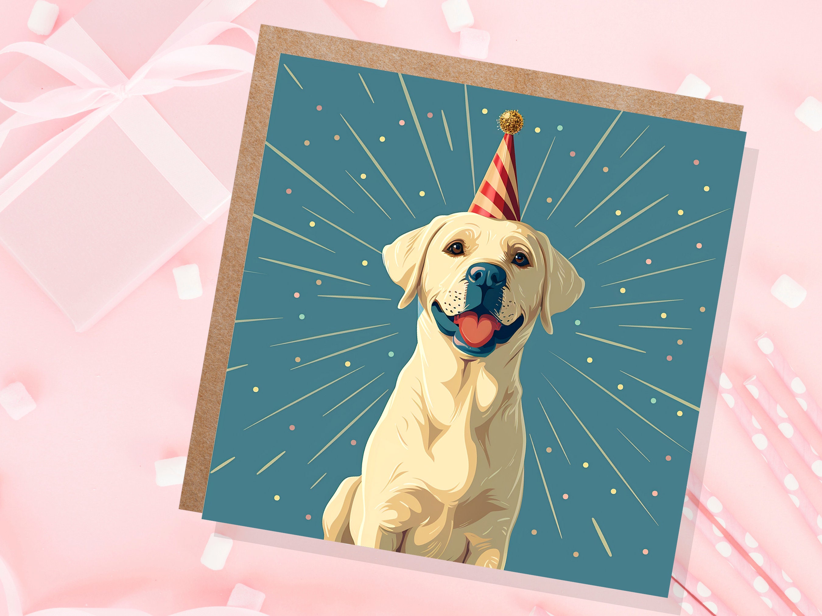 Labrador Birthday Card From the Dog for Doggy Lovers Dog Dad Mum Golden Retriever Lab Cute Party Hat Happy Celebration Pet Sitting Thank You