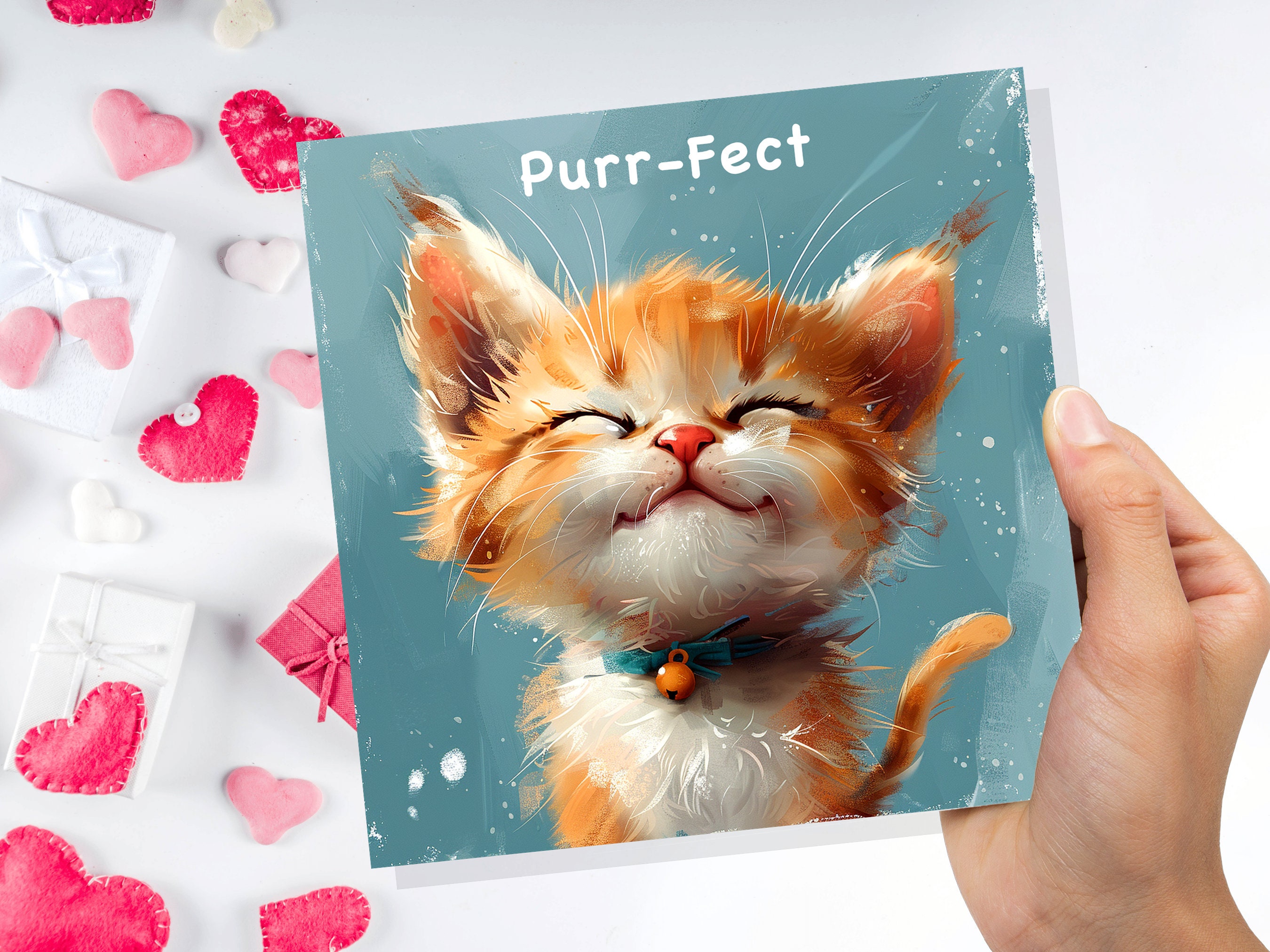 Purr-Fect Ginger Kitten Card for Cat Lovers Pet Owners Friendship Birthday to Say Thank You Cute Fluffy Kitty Happy Content Purring Smiling - View 4