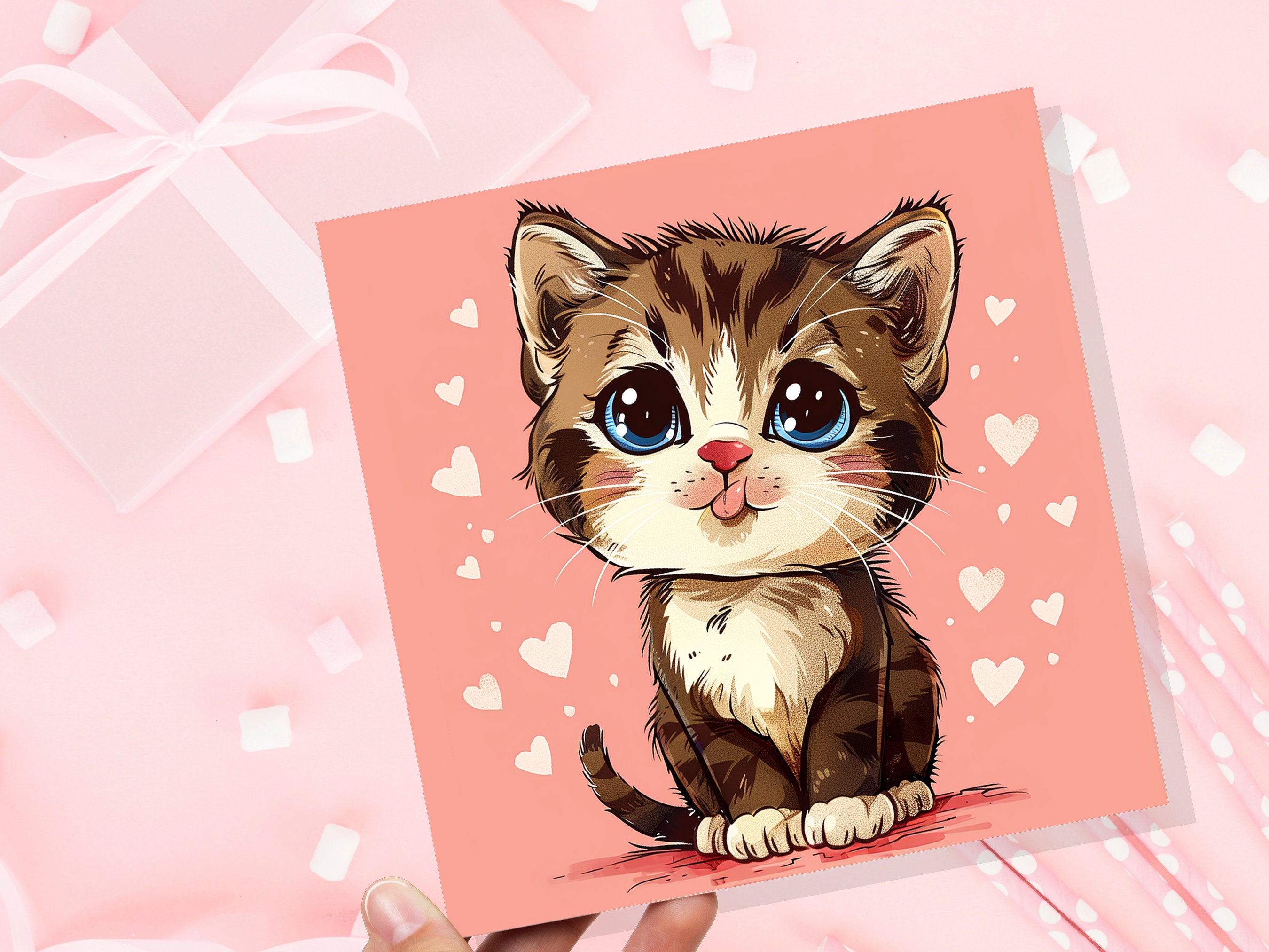 Cute Kitten Card for Cat Lovers Birthdays Thank You Cards Tabby Cat Pets Fans Friends Family Owners Valentine's Day Greeting Thinking of You - View 5