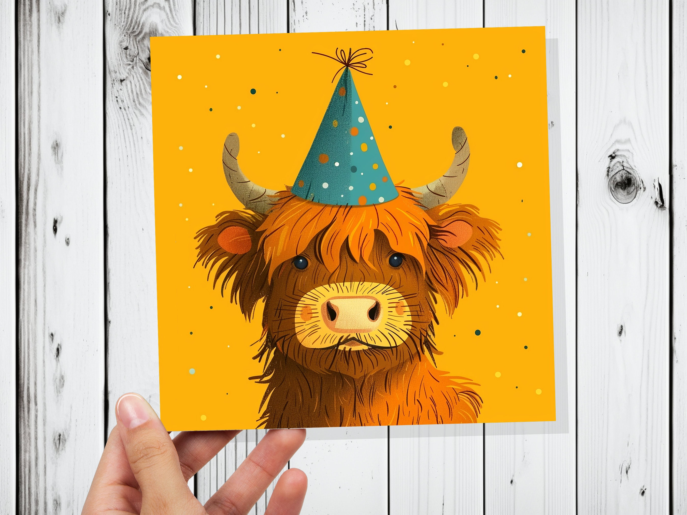 Highland Cow Birthday Card for Scottish Friend From Scotland Heilan Coo Hairy Brown Cattle Party Hat Celebration Cute Whimsical Fun Invites